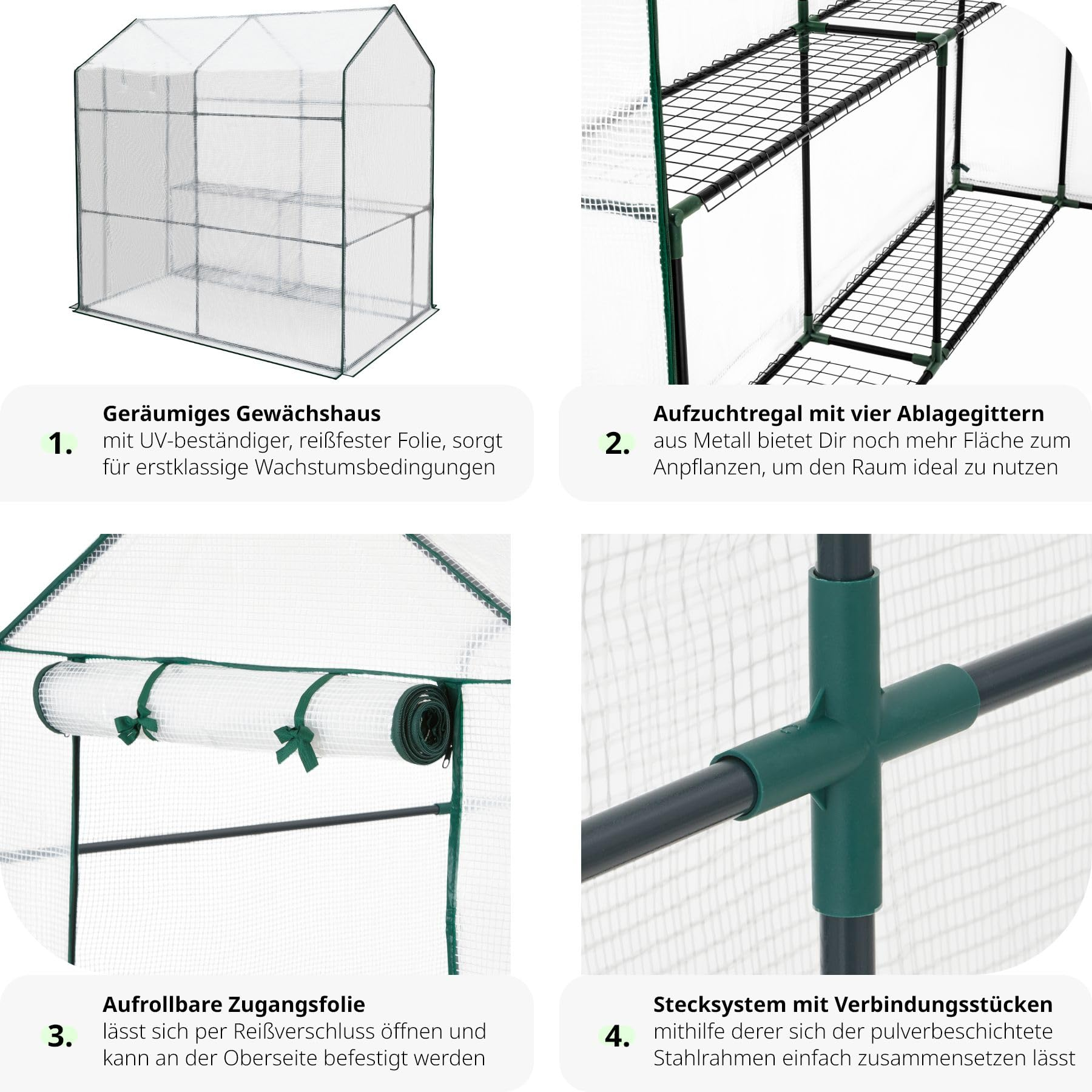 Quatre images montrent une petite serre avec armature métallique, étagères et porte enroulable.
