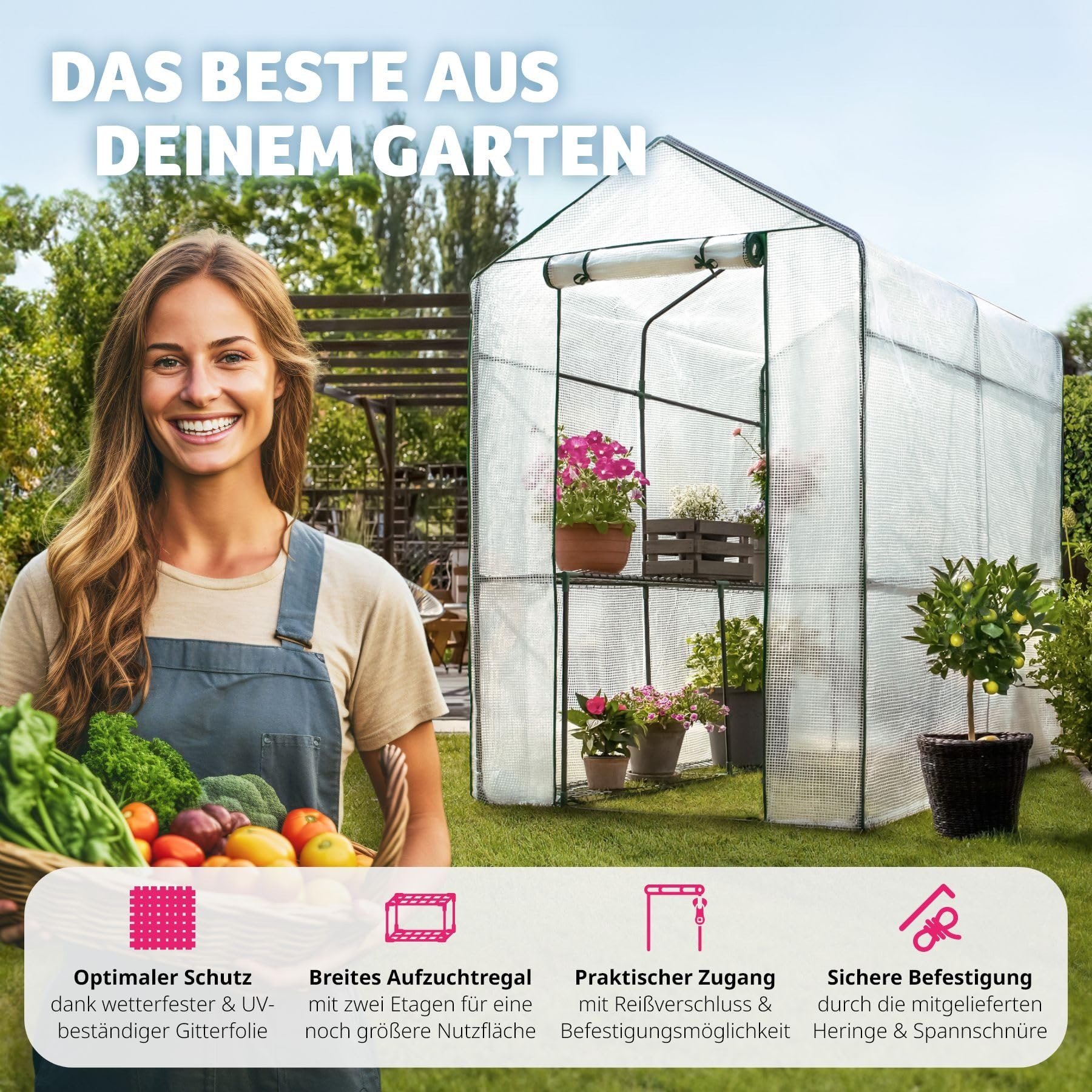 Femme souriante tenant un panier de légumes devant une petite serre de jardin avec du texte et des icônes.