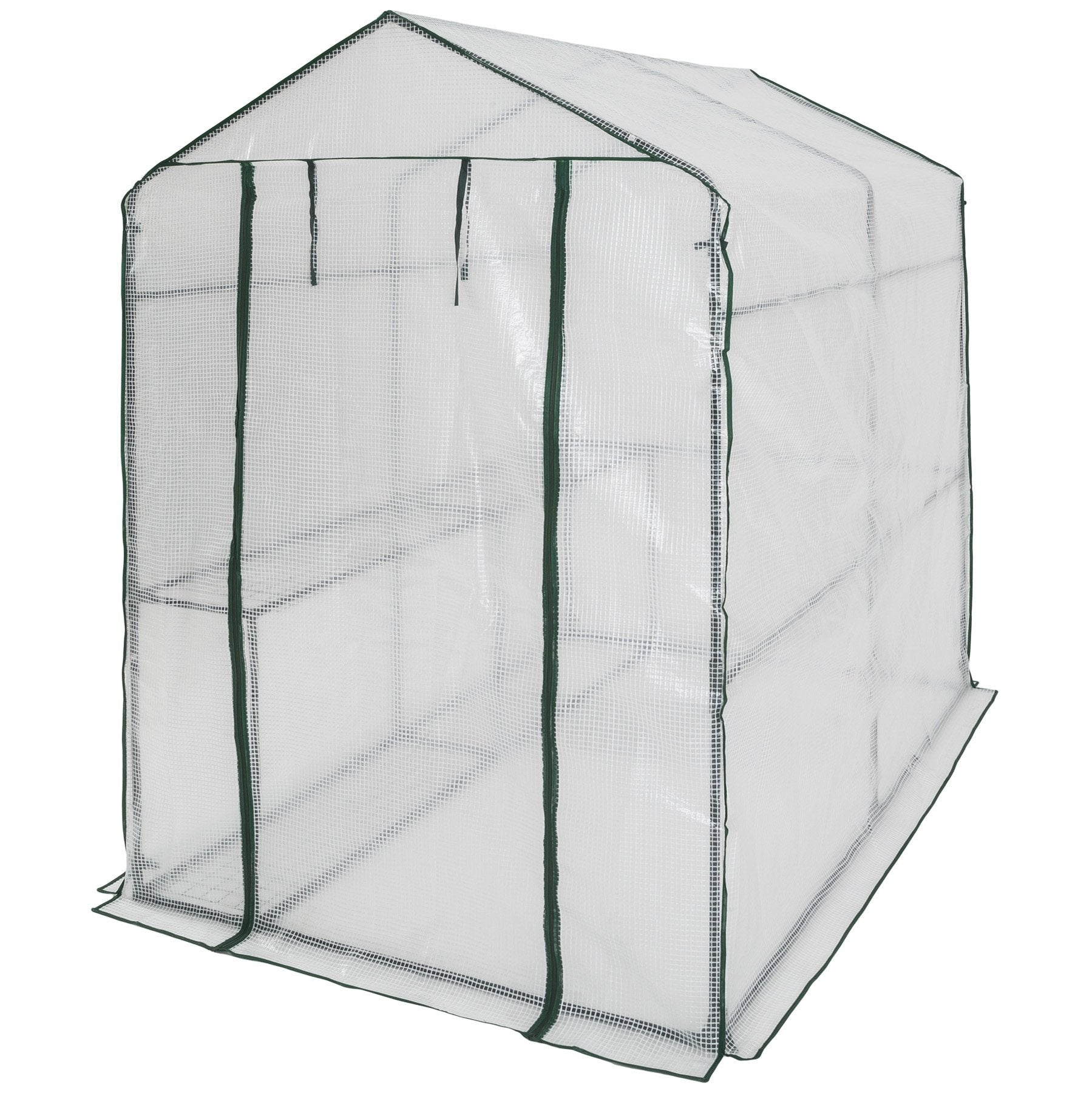 Petite serre portable avec bâche en plastique translucide et cadre vert sur fond blanc.