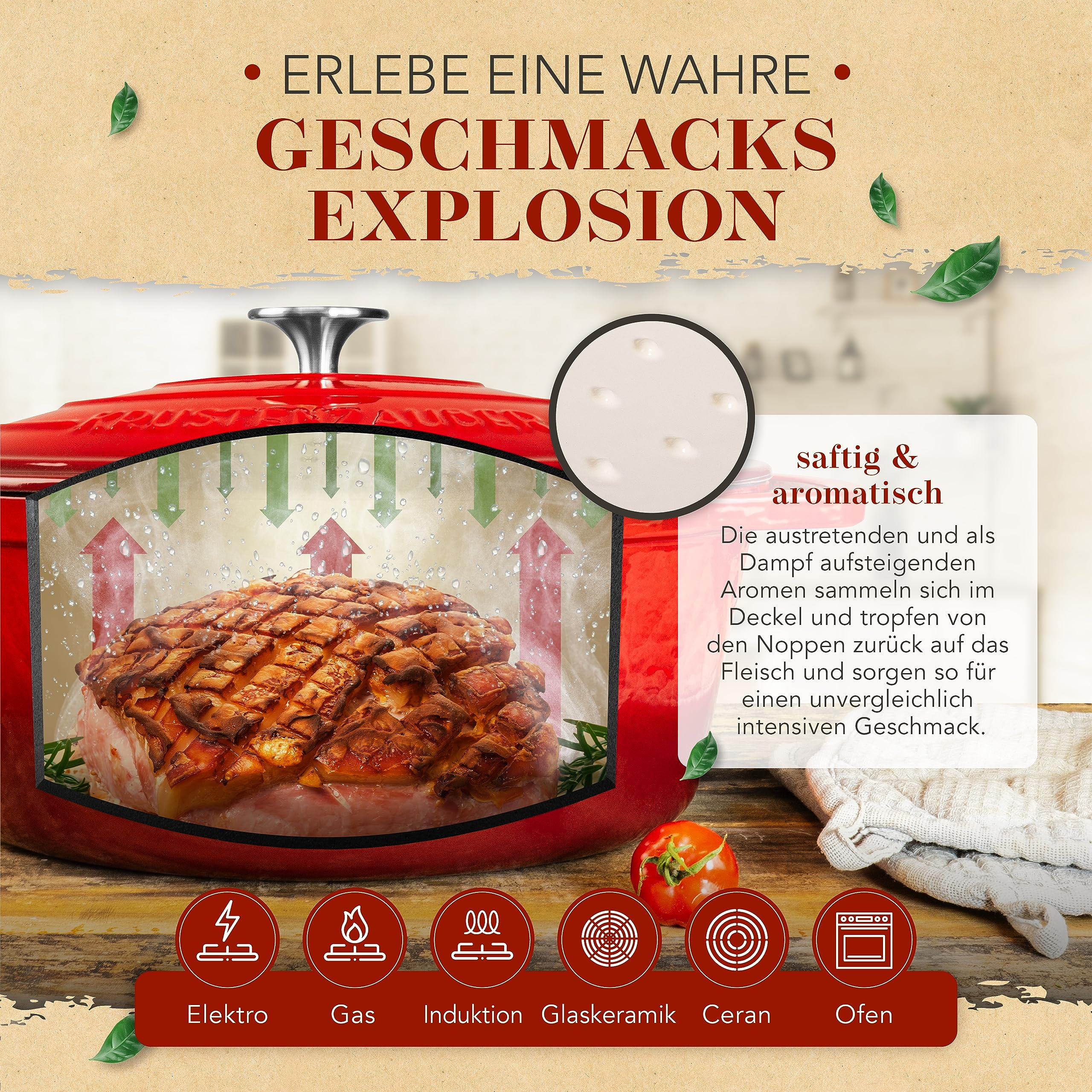 Roter Schmortopf mit Fleisch zeigt die Dampfzirkulation im Inneren für saftigen Geschmack.