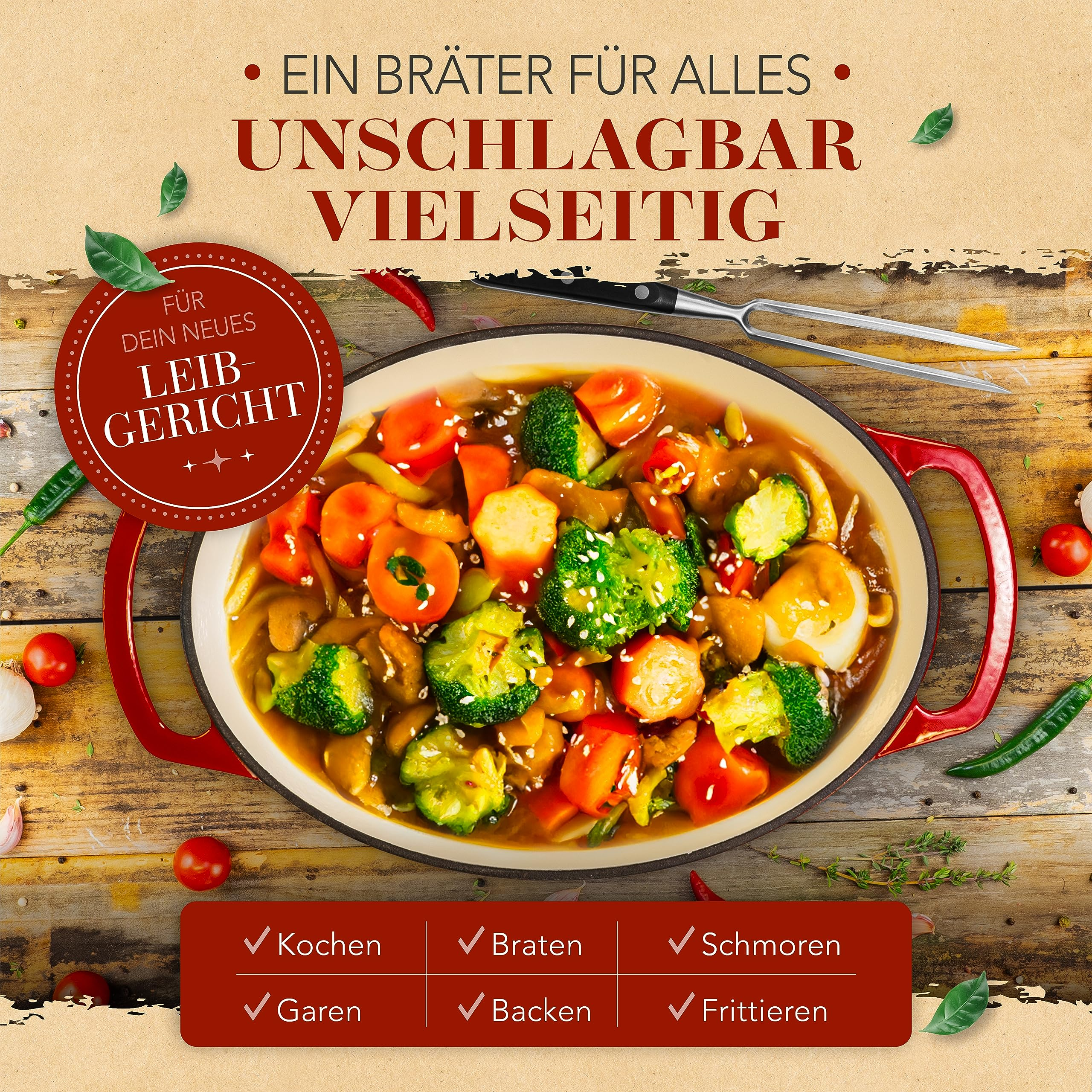 Gemüseeintopf mit Brokkoli und Karotten in einem roten Bräter auf Holz.