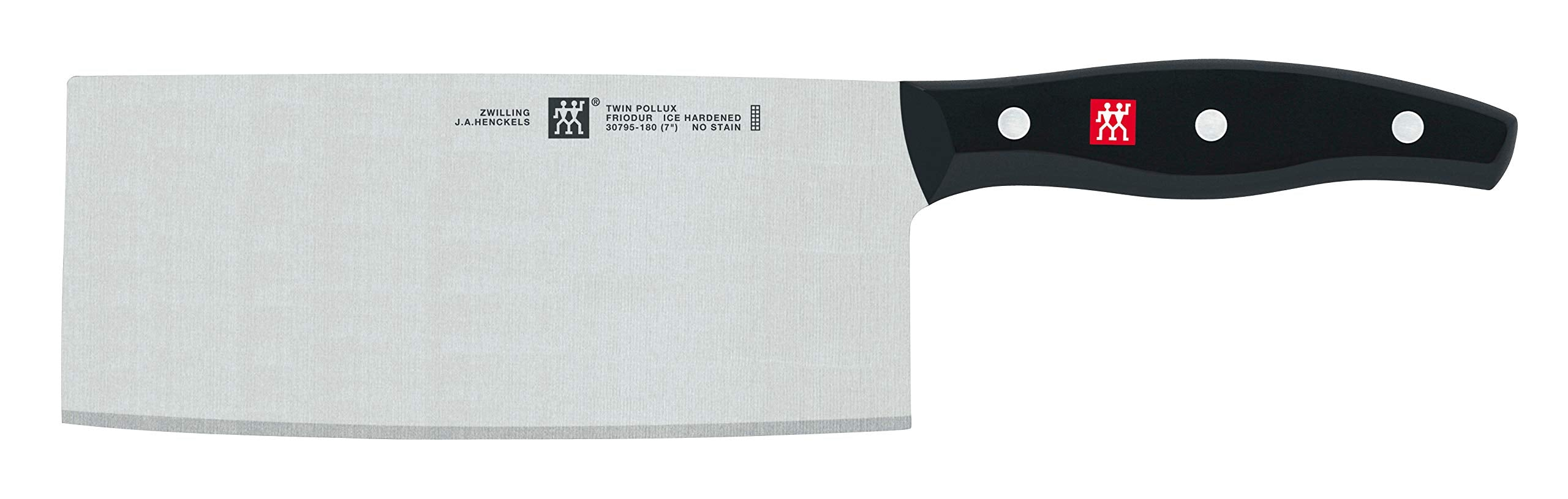 Ein Zwilling Fleischermesser mit silberner Klinge und schwarzem Griff, der mit drei Nieten befestigt ist.