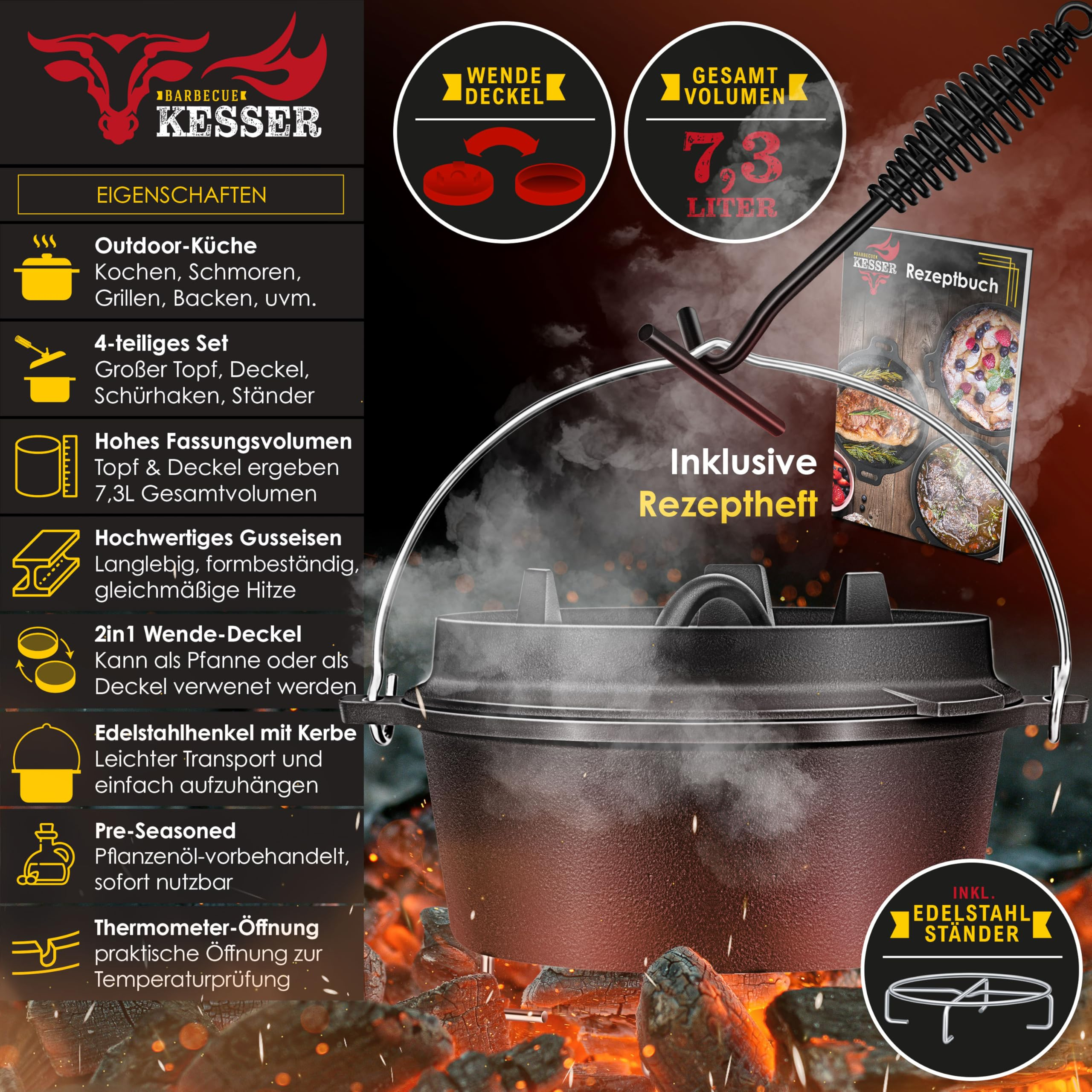 Ein gusseiserner Dutch Oven mit glühender Kohle und Eigenschaften wie 7,3 Liter Volumen, Deckel und Rezeptheft.