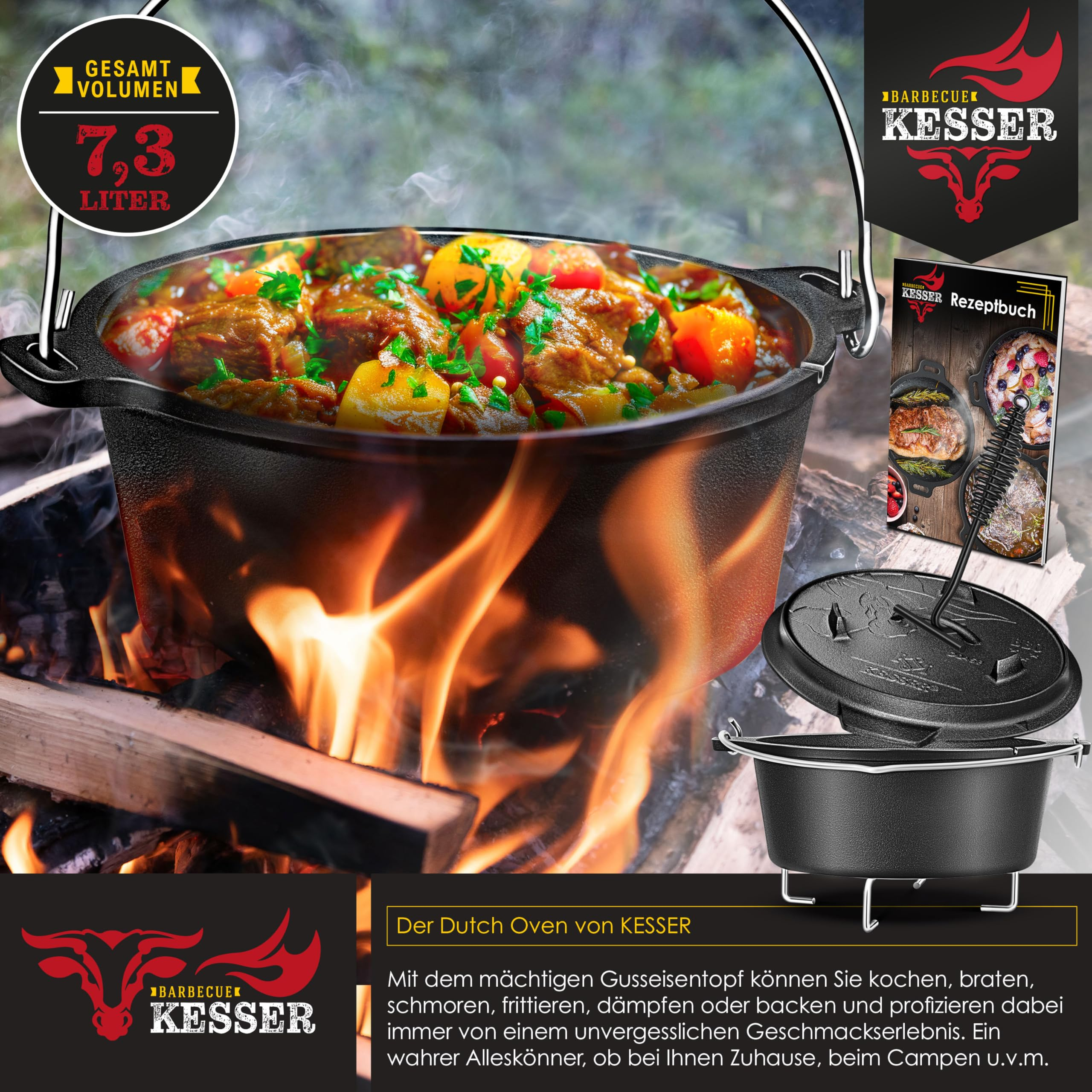 Ein Kesser Dutch Oven über offenem Feuer mit Eintopf, Deckel, Rezeptbuch und Werbetext.