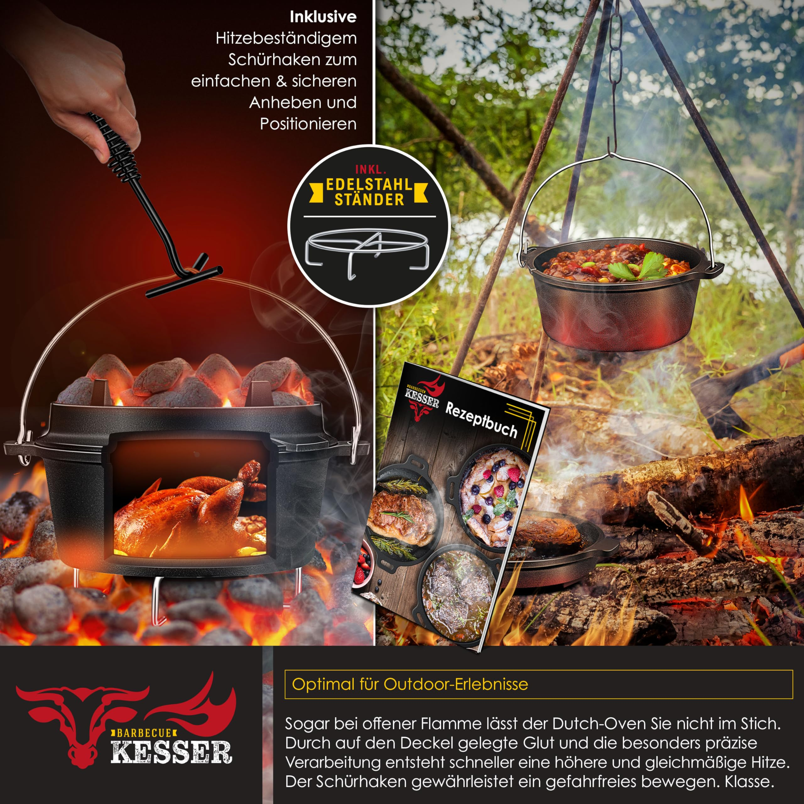 Dutch Oven mit Hitzebeständigem Schürhaken und Rezeptbuch am Lagerfeuer.