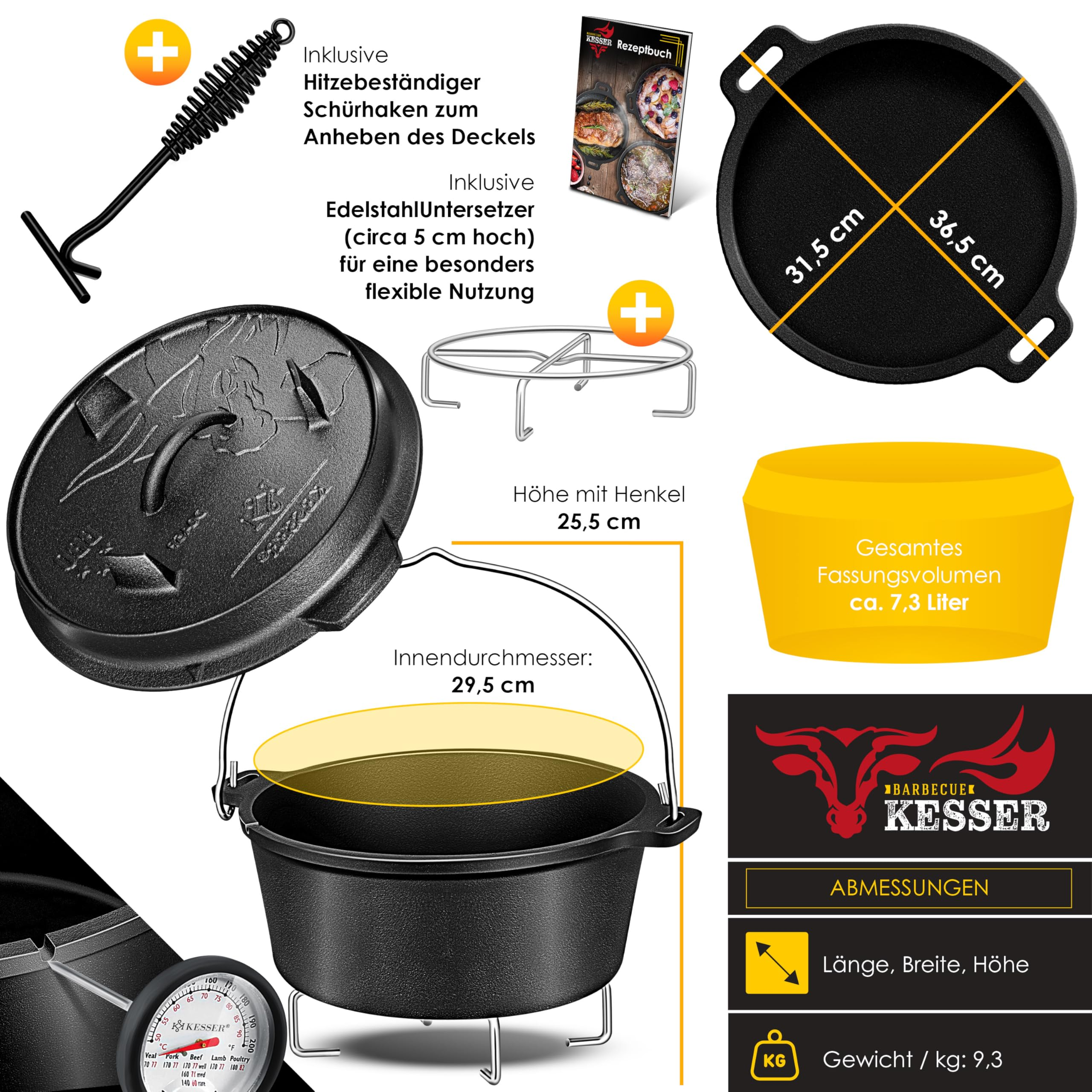 Gusseiserner Dutch Oven mit Deckel, Heber, Untersetzer, Rezeptbuch und Maßangaben inklusive 7,3L Fassungsvermögen.