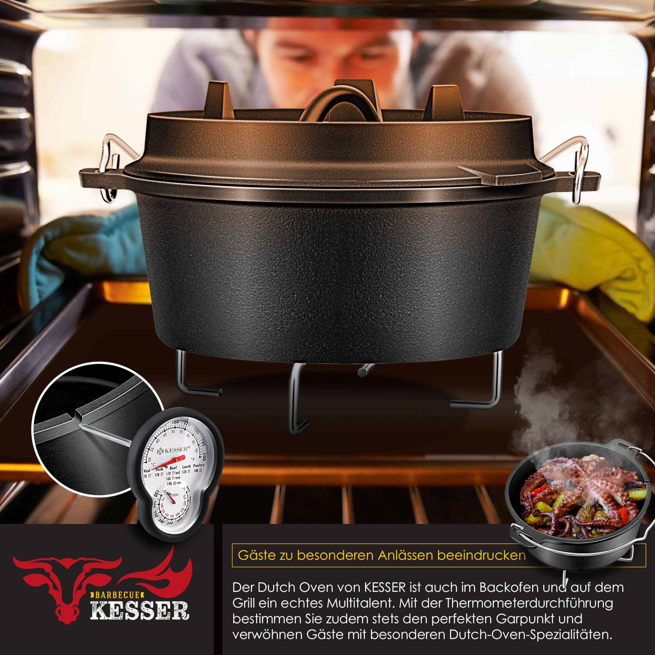 Ein schwarzer KESSER Gusseisen-Dutch-Oven im Ofen mit Thermometer und kleiner Einbettung mit gekochtem Essen.