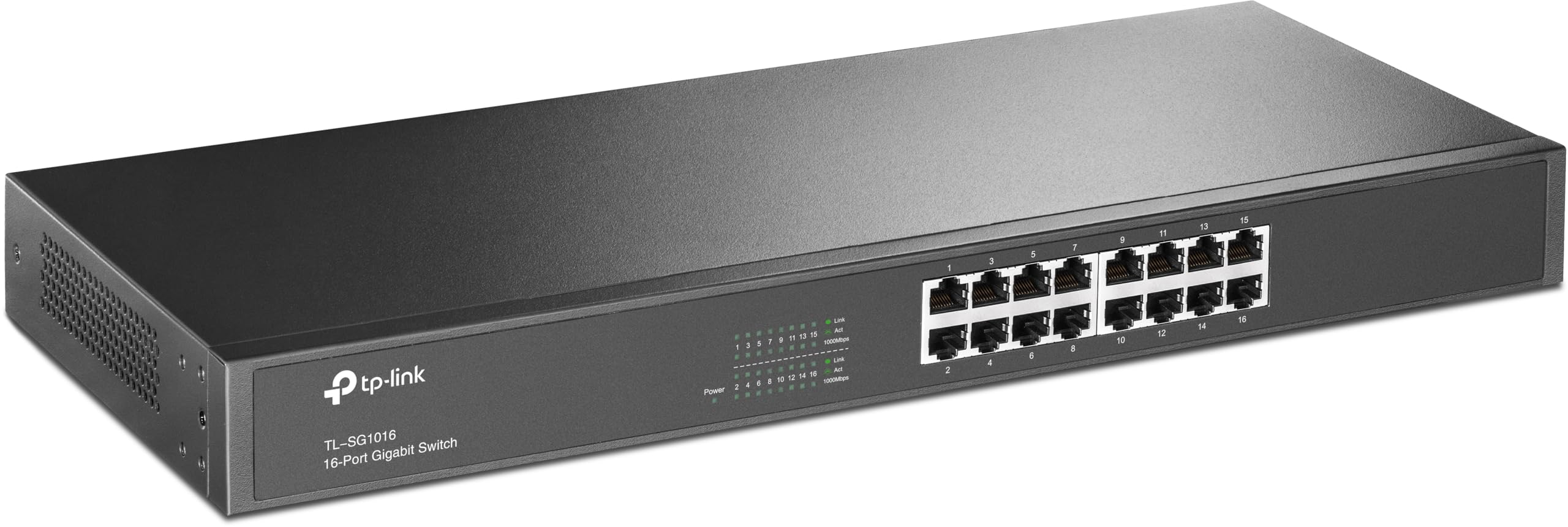 Uno switch Gigabit a 16 porte TP-Link TL-SG1016 grigio su sfondo bianco.