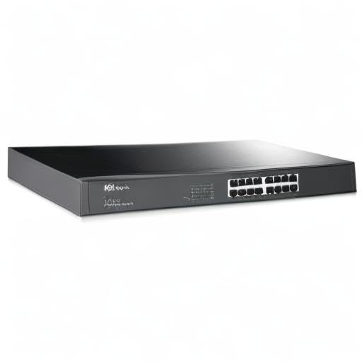 Uno switch di rete nero con porte multiple sul pannello frontale su sfondo bianco.