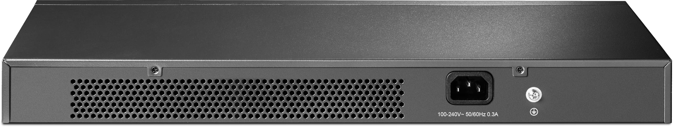 Vista posteriore di un dispositivo elettronico nero con griglia di ventilazione e presa di corrente.