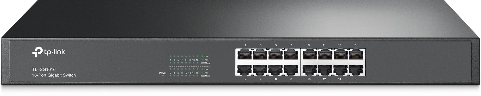 Uno switch Gigabit a 16 porte TP-Link TL-SG1016 nero con LED di stato e porte Ethernet.