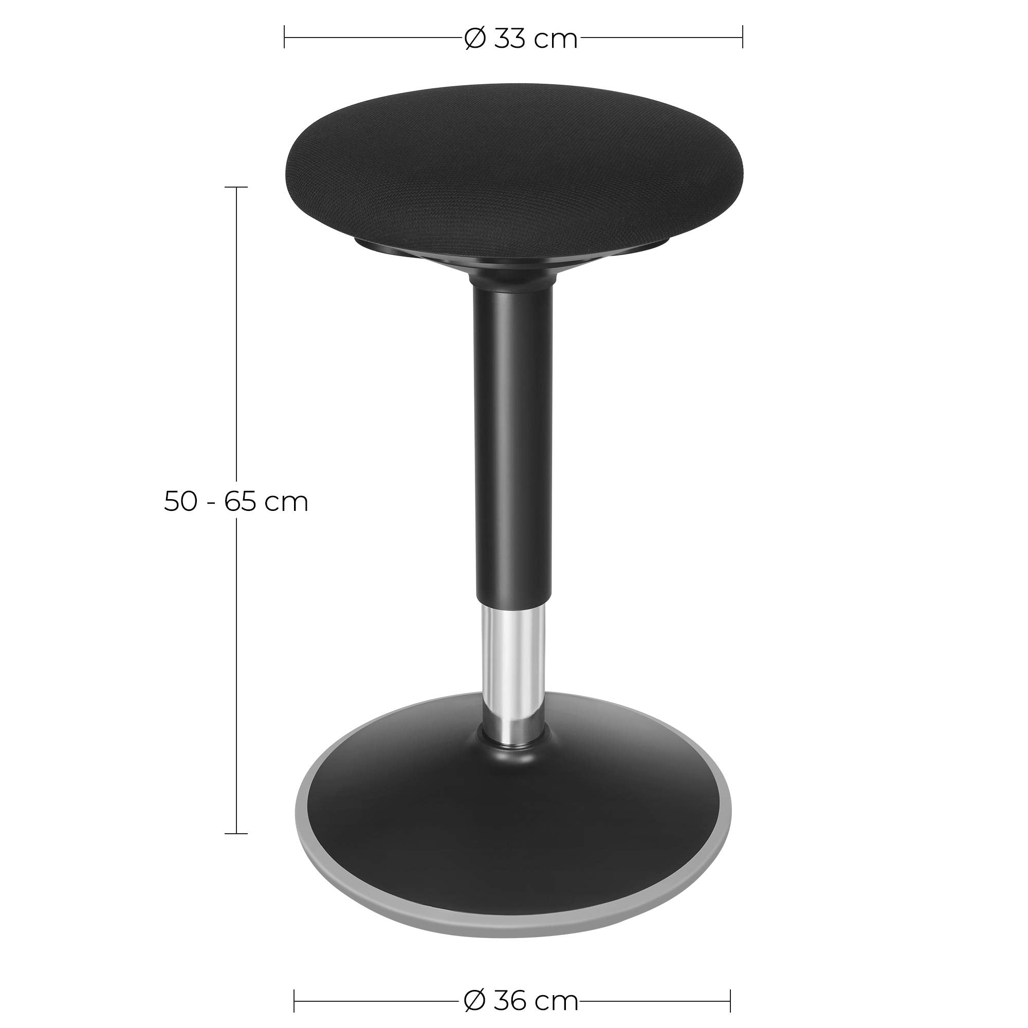 Tabouret ergonomique noir réglable en hauteur de 50 à 65 cm avec dimensions sur fond blanc.