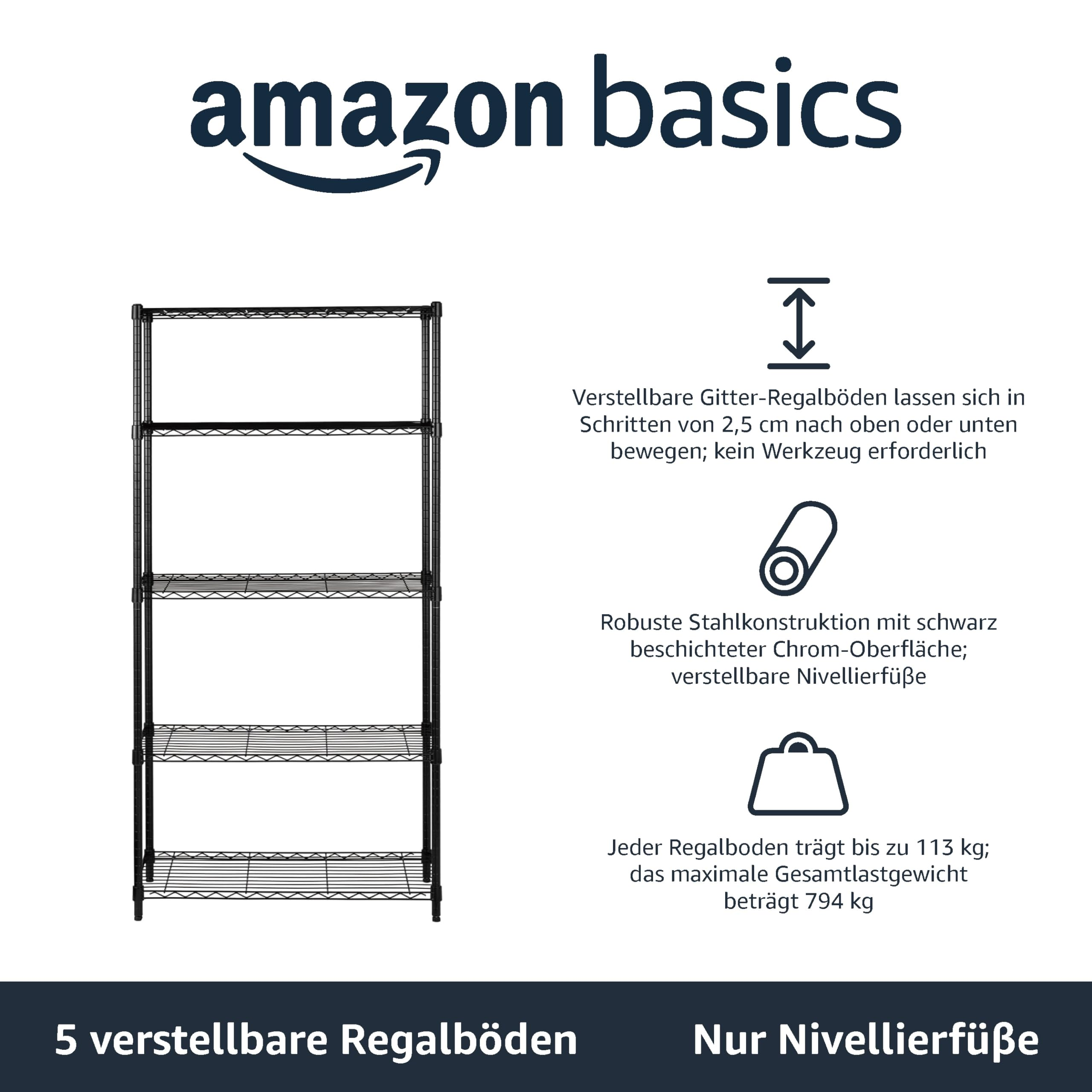 Amazon Basics schwarzes Metall-Regal mit 5 verstellbaren Böden, Funktions-Icons und deutscher Beschreibung.