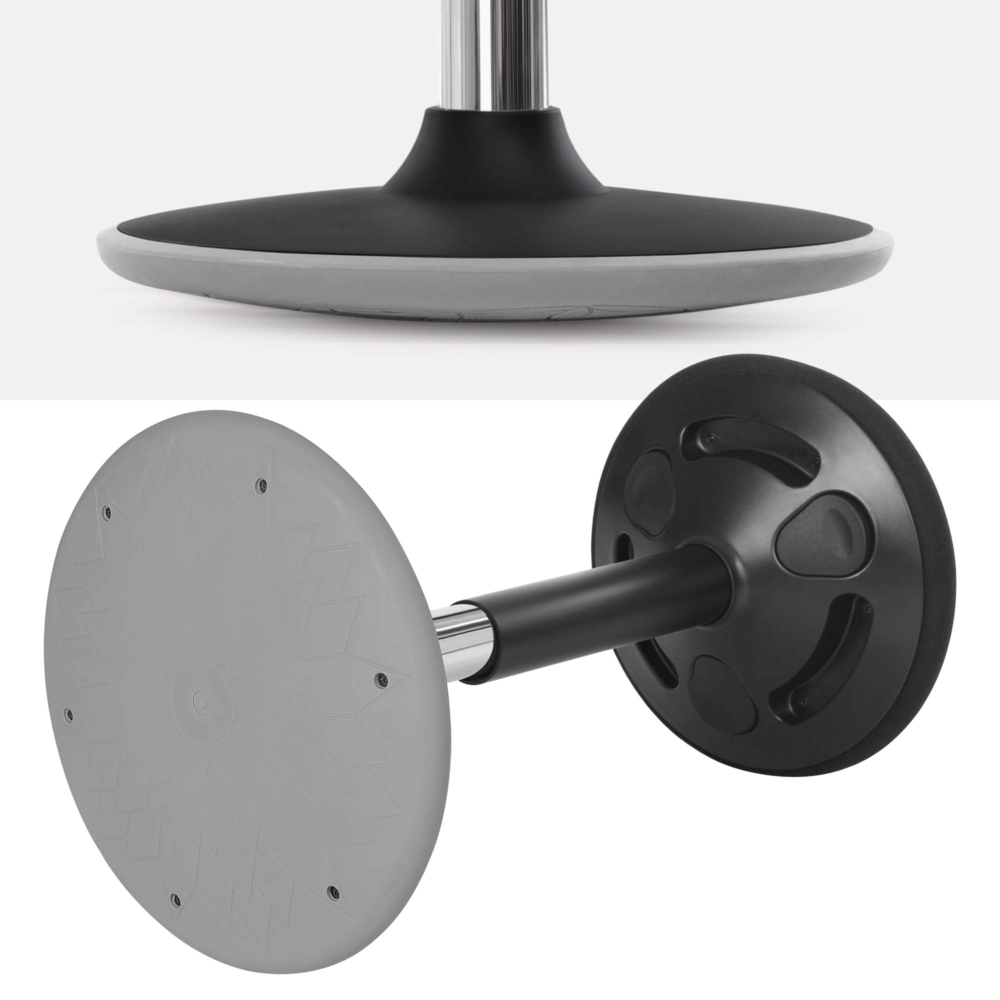 Base de tabouret réglable noire et grise avec un fond circulaire texturé sur fond blanc.