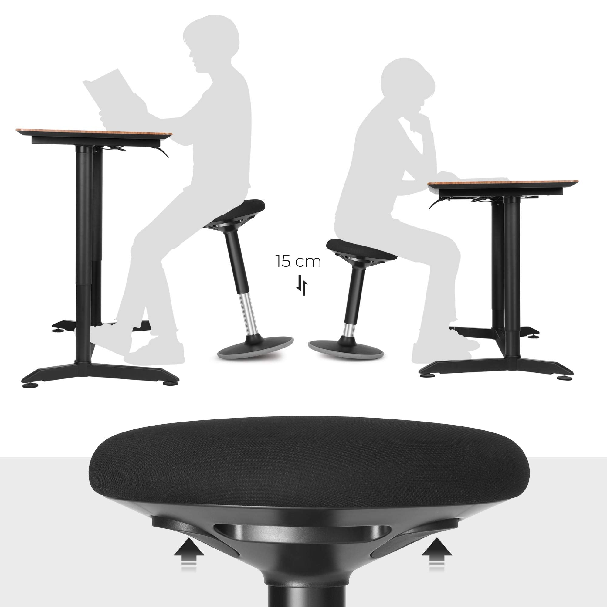 Deux personnes assises sur des tabourets réglables, avec un gros plan sur le siège d'un tabouret en bas.