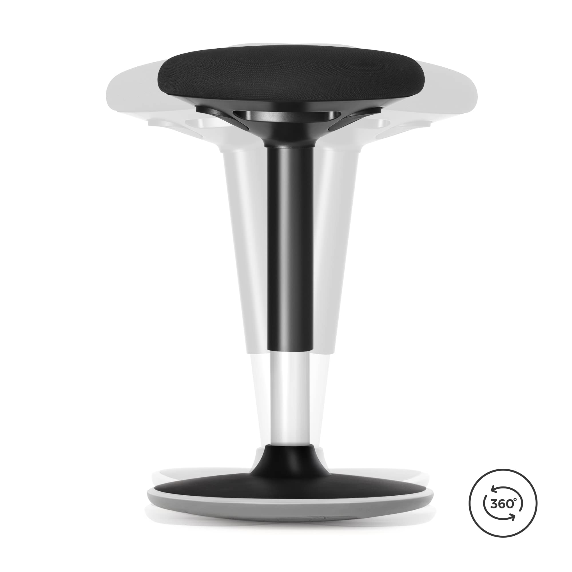Un tabouret ergonomique noir réglable en hauteur et inclinable, avec une icône à 360 degrés.