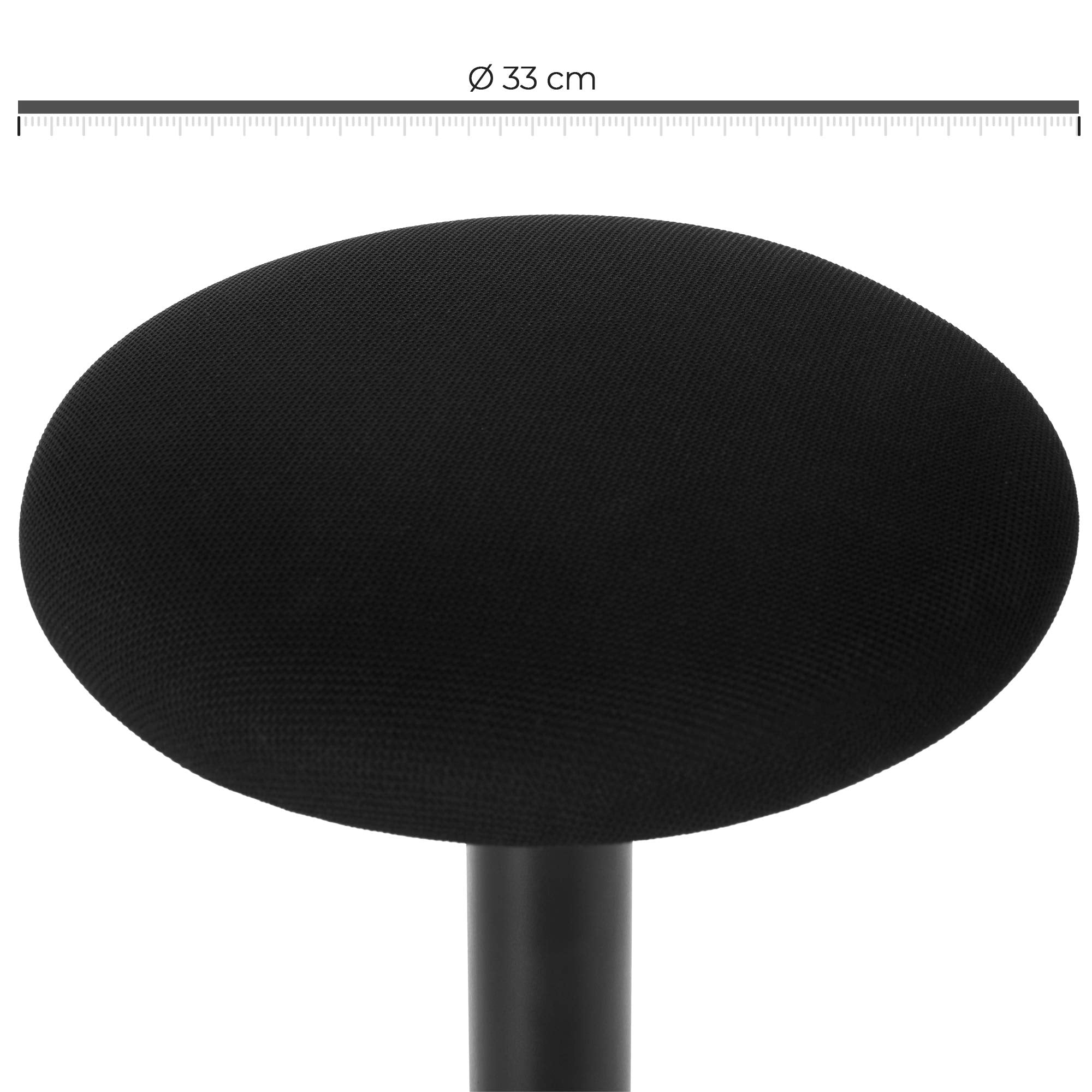 Un tabouret rond noir d'un diamètre de 33 cm sur fond blanc.