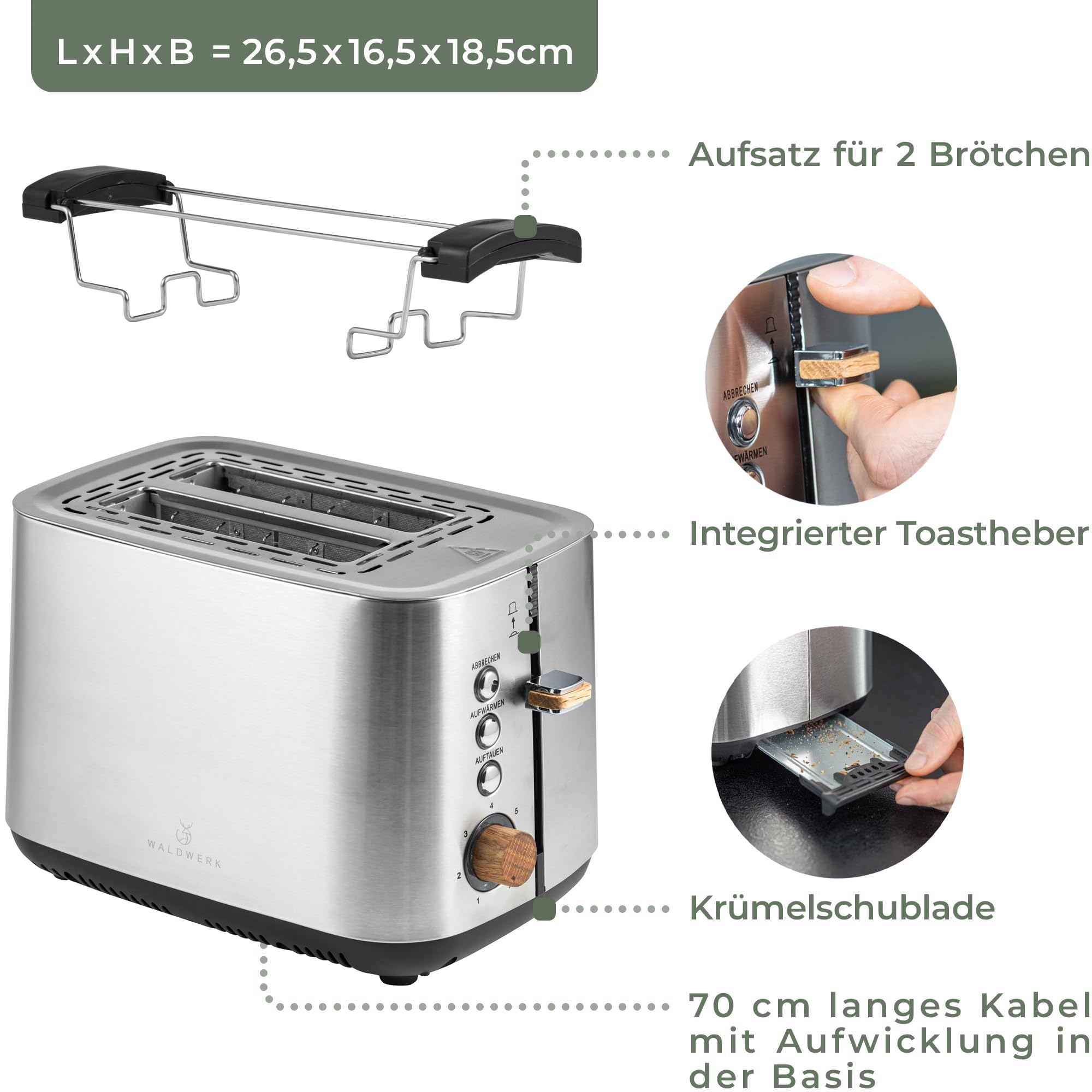 Tapane in acciaio inox con scaldapanini, leva, raccoglibriciole e avvolgicavo.