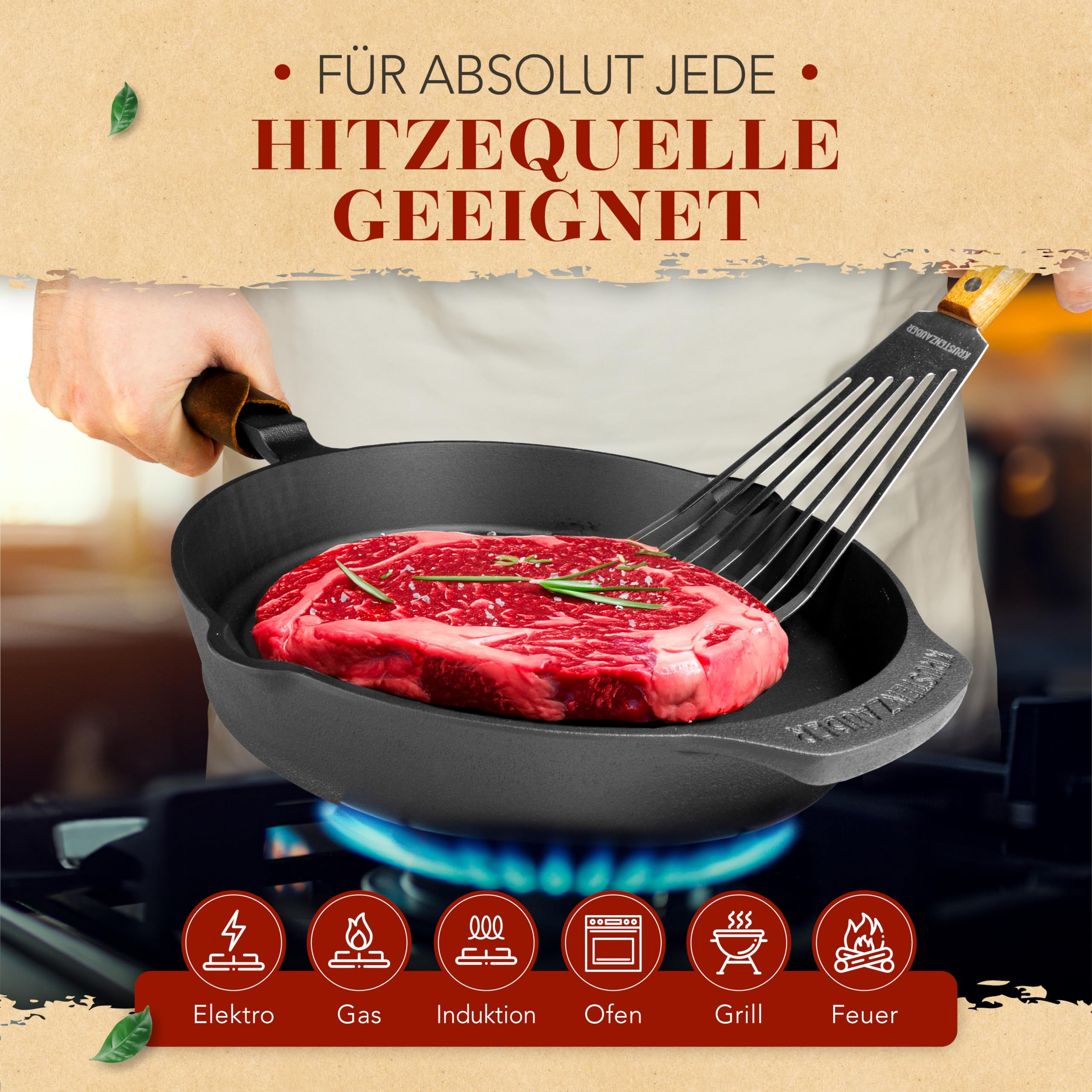 Rohes Steak in einer gusseisernen Pfanne auf einem Gasherd, mit deutschem Werbetext.