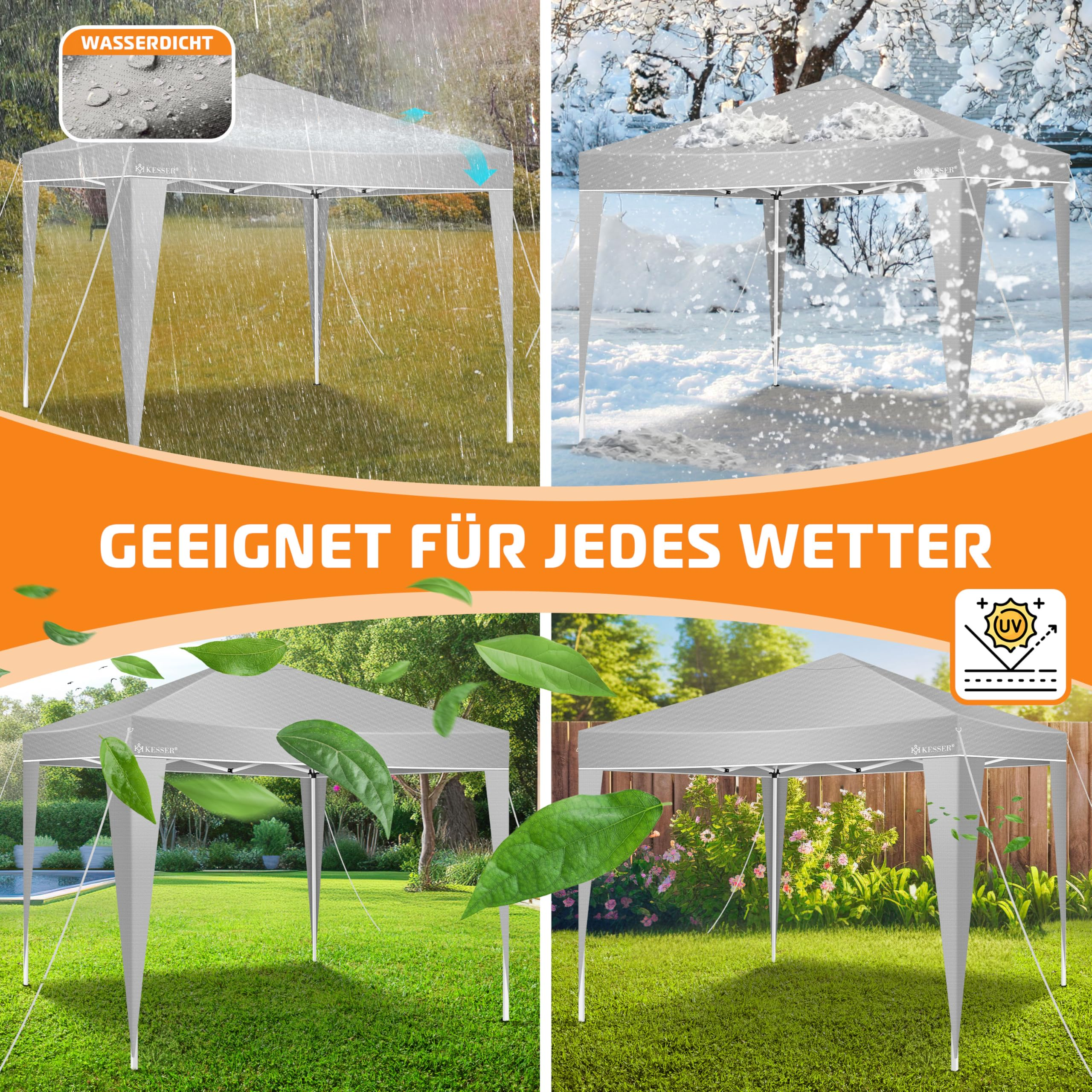Ein grauer Faltpavillon bei Regen, Schnee, Sonne und windigem Wetter mit deutschem Text.
