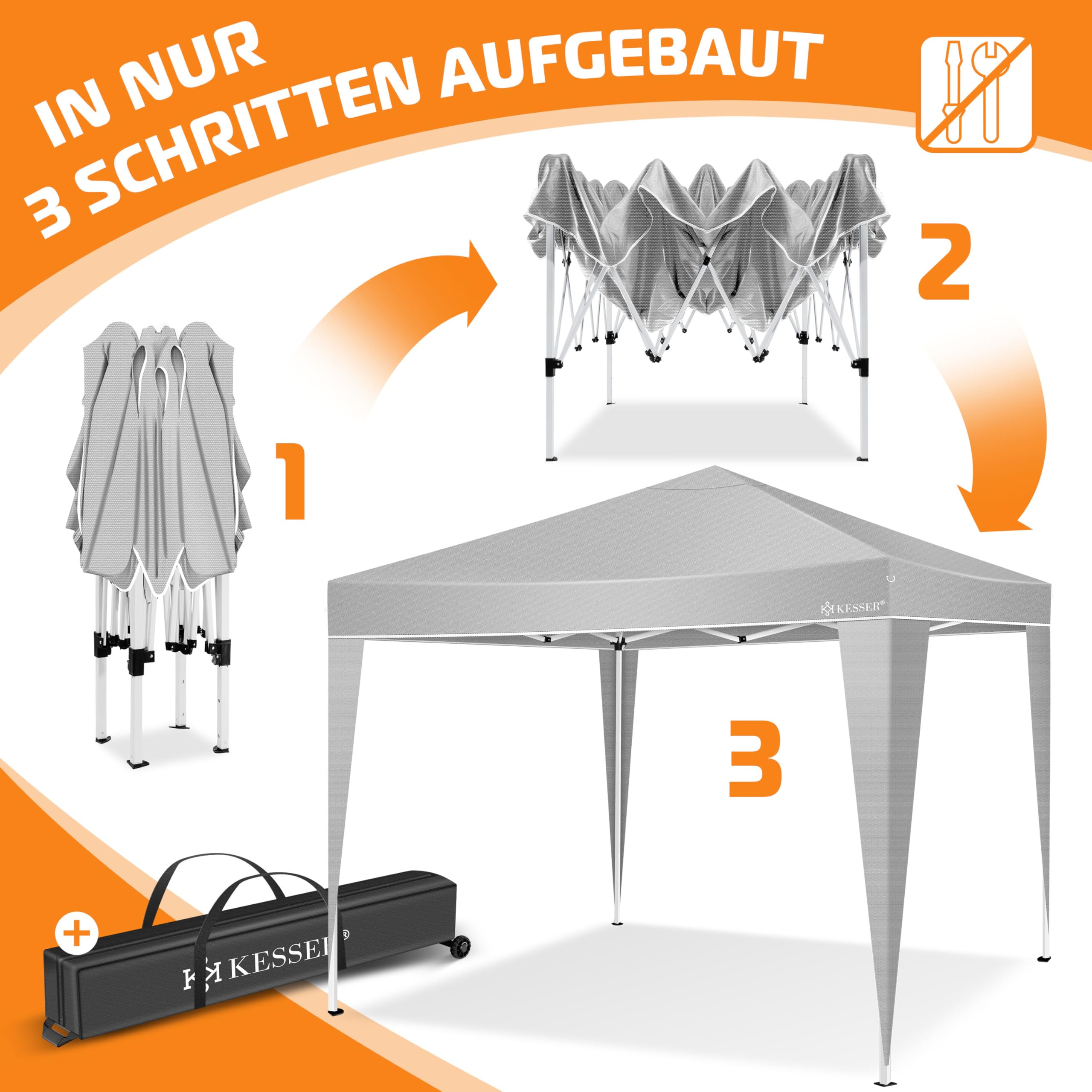 Anleitung in 3 Schritten zum Aufbau eines grauen Faltpavillons mit Tragetasche.