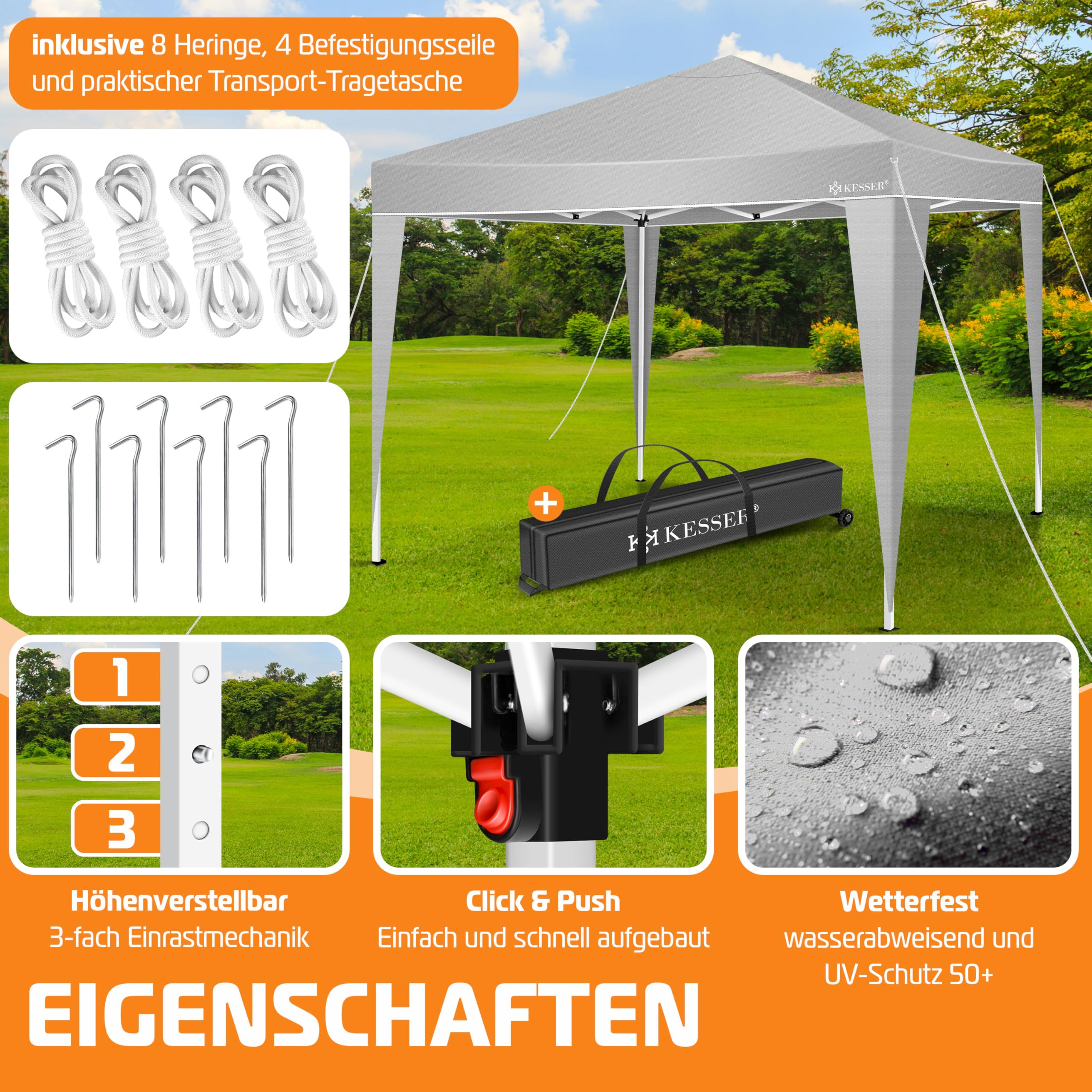 Graues Pop-up-Zelt auf Rasen mit Einsetzbildern von Heringen, Abspannseilen, Tragetasche, Höhenverstellung und Stoff.