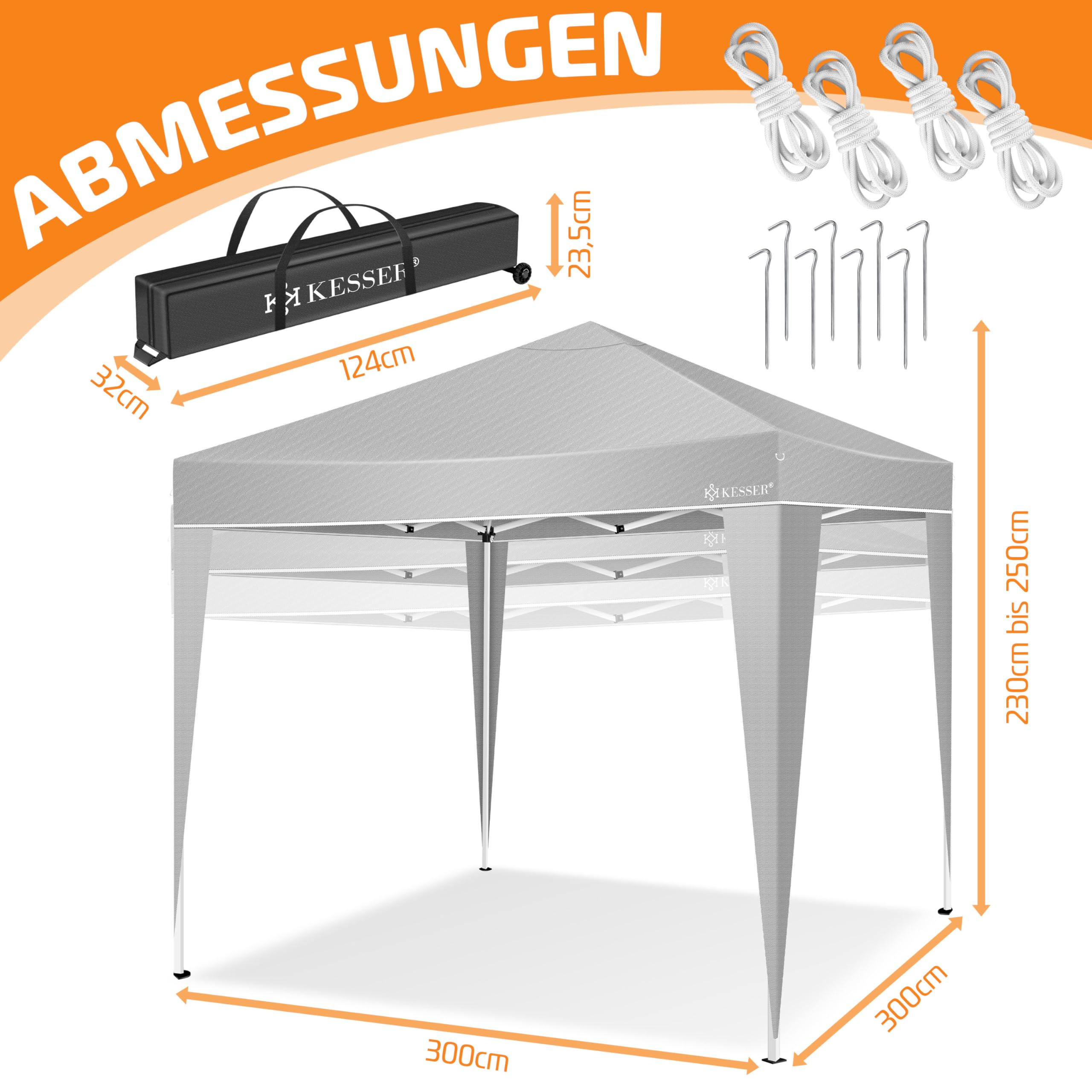 Graues Faltpavillon mit Abmessungen, Tragetasche, Seilen und Heringen auf orange-weißem Hintergrund.