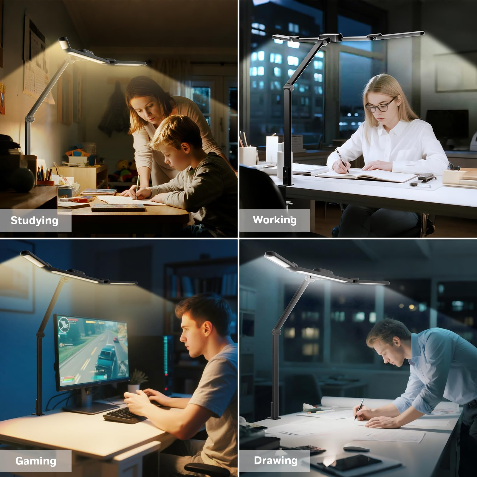 Quattro pannelli mostrano una persona che usa una lampada da scrivania per studiare, lavorare, giocare e disegnare.