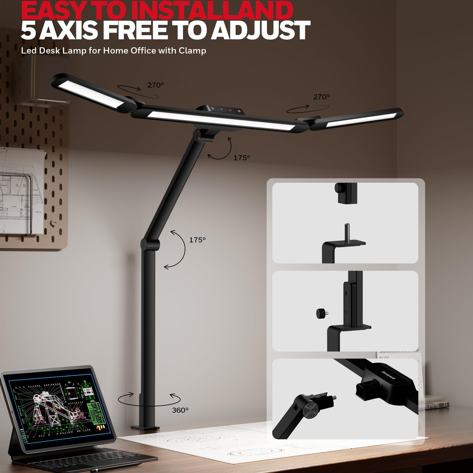 Una lampada da scrivania a LED nera con più snodi regolabili e un morsetto su una scrivania in legno.