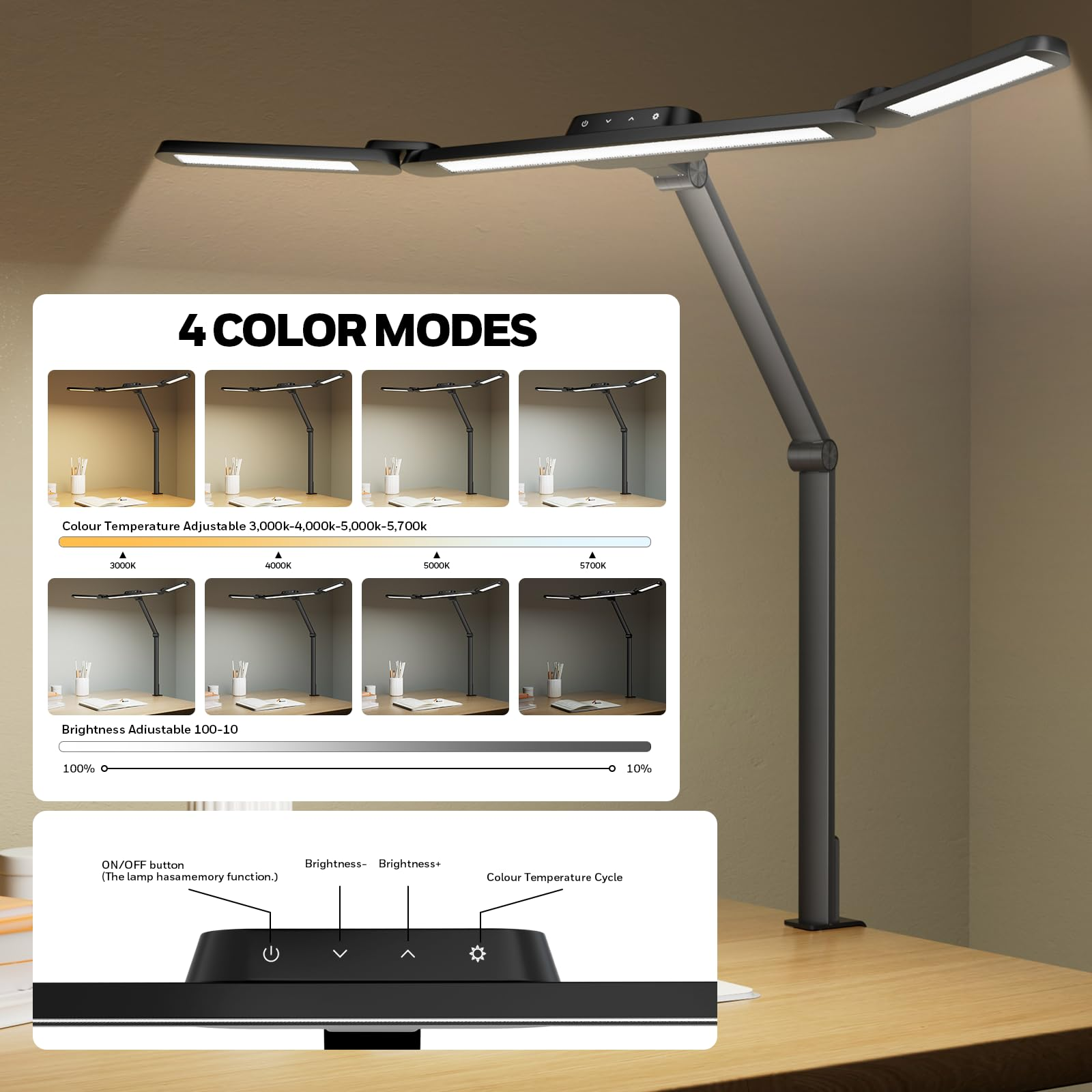 Una lampada da scrivania nera con più pannelli luminosi su una scrivania in legno, con infografiche.