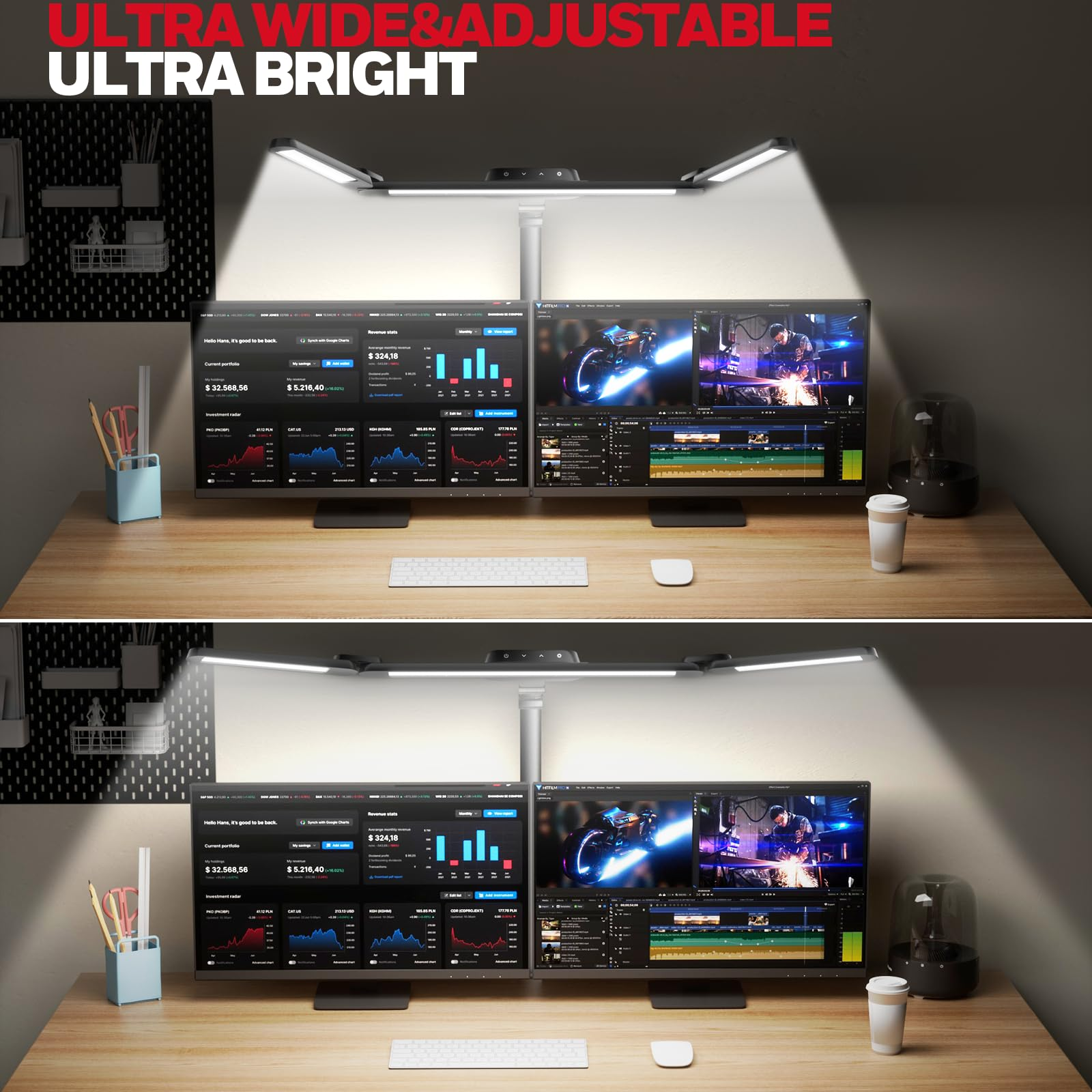 Due monitor e una lampada da scrivania LED ampia e regolabile su una scrivania di legno.