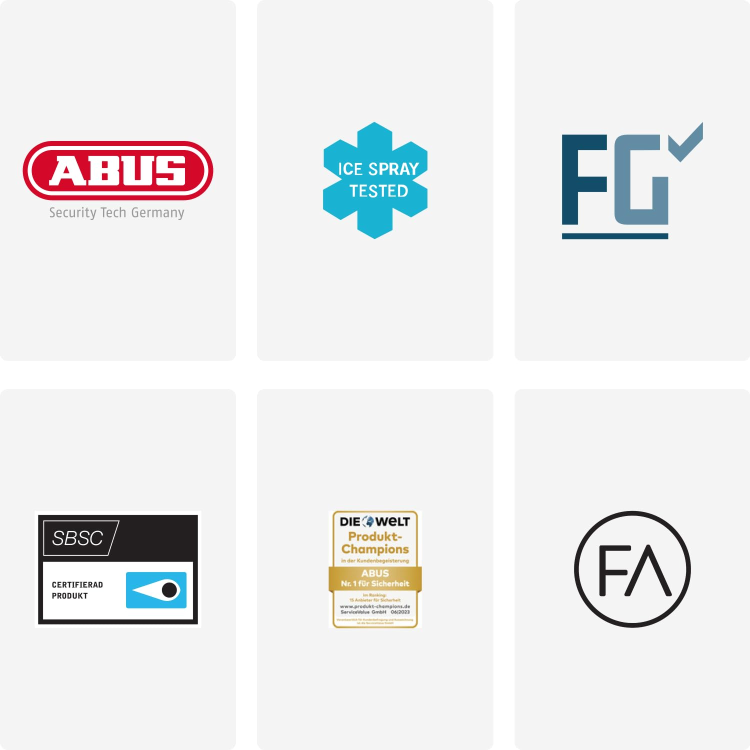 Six logos de marques et labels de certification différents sur fond clair, incluant ABUS.