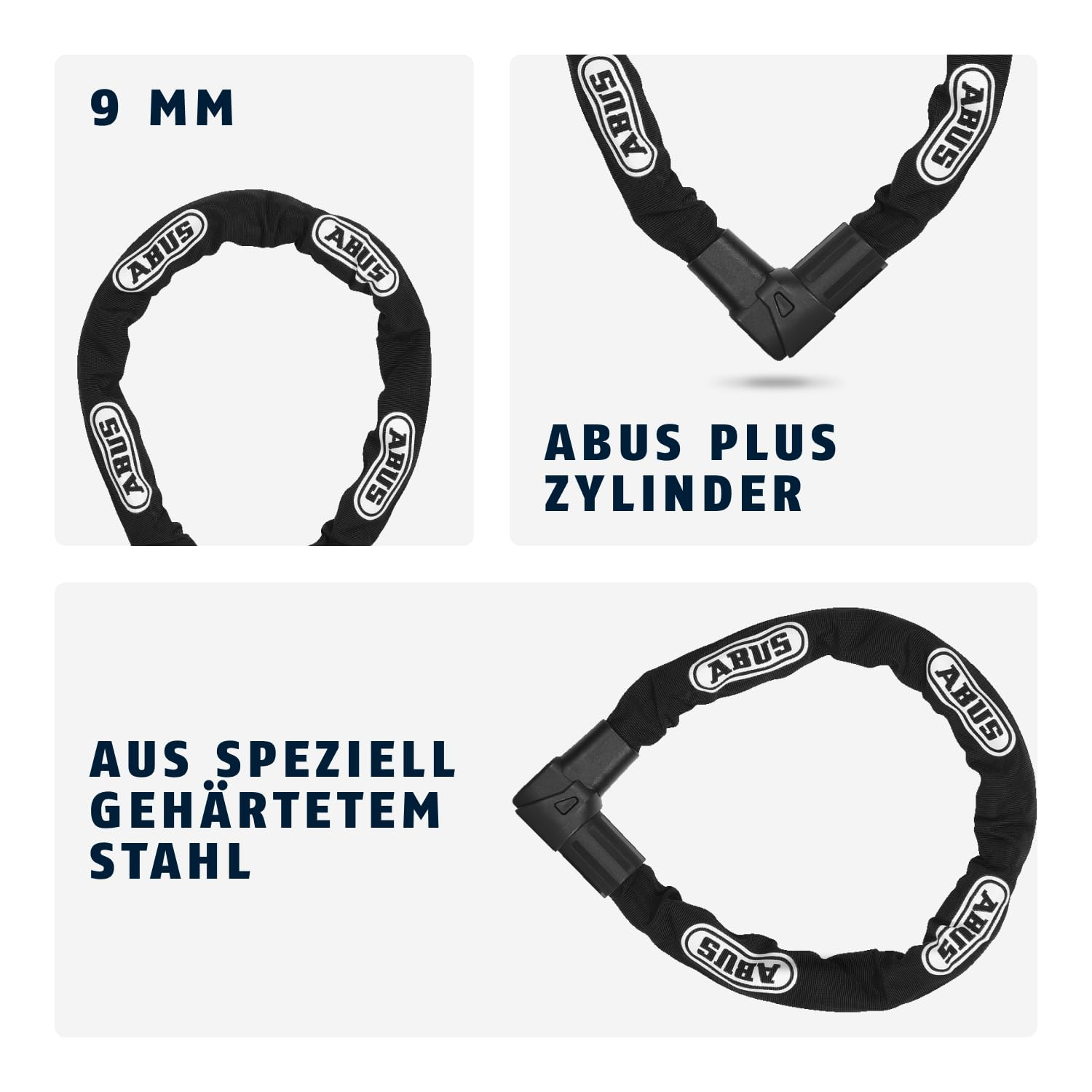 Antivol de vélo à chaîne Abus avec acier de 9 mm et cylindre plus.