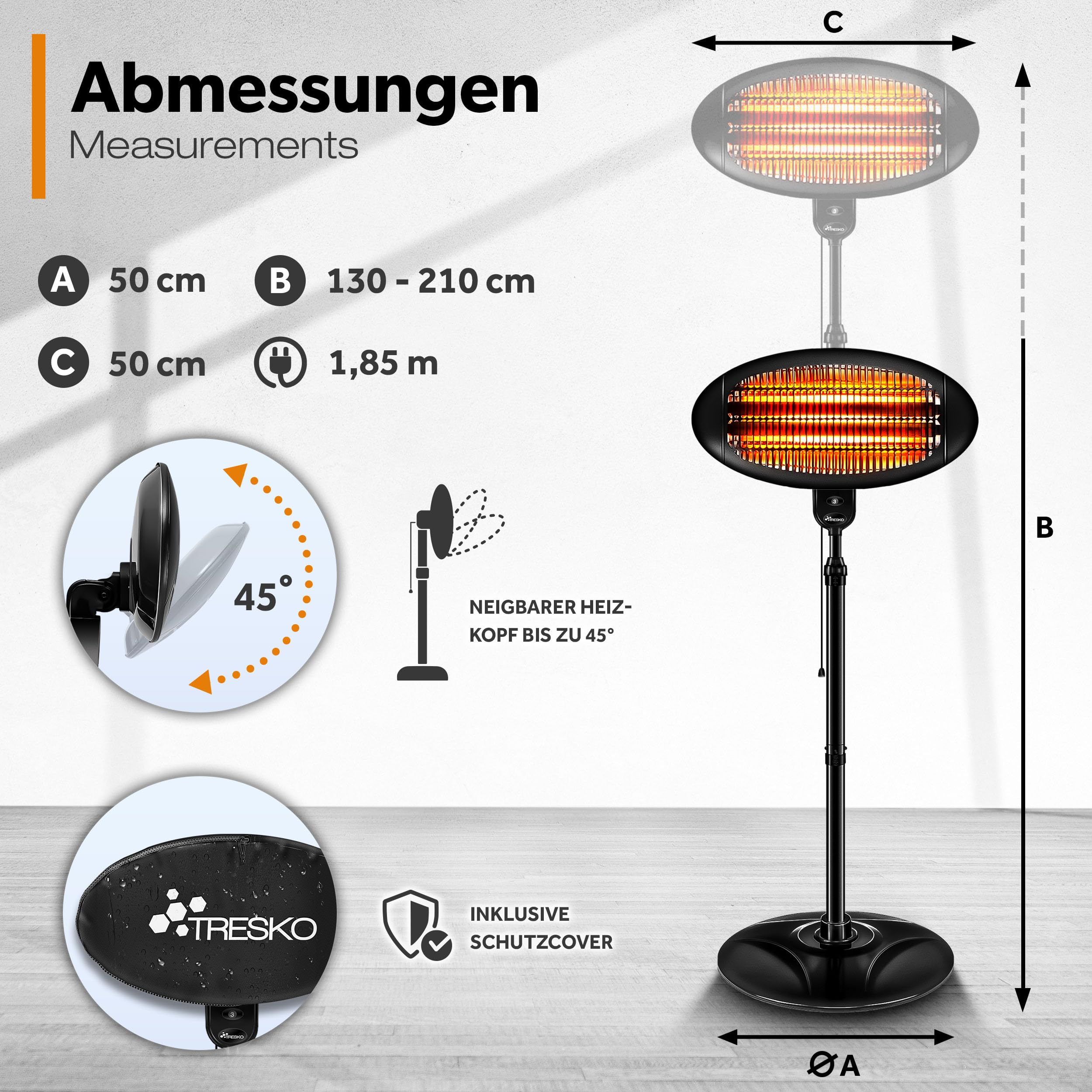 Il diagramma mostra dimensioni e caratteristiche di una stufa da terrazza nera con custodia.