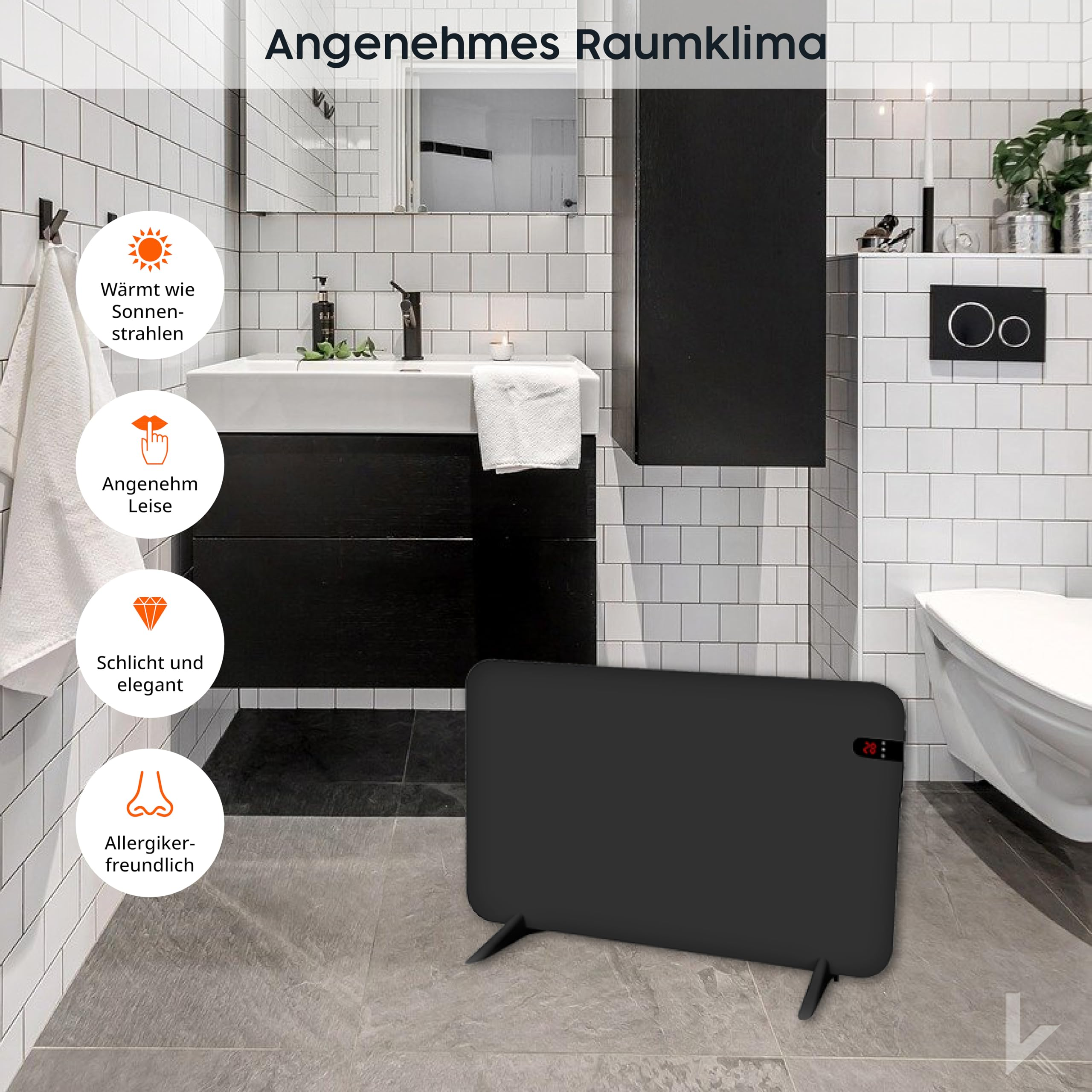 Una stufa a pannello nera su pavimento grigio del bagno, con icone delle funzioni a sinistra.