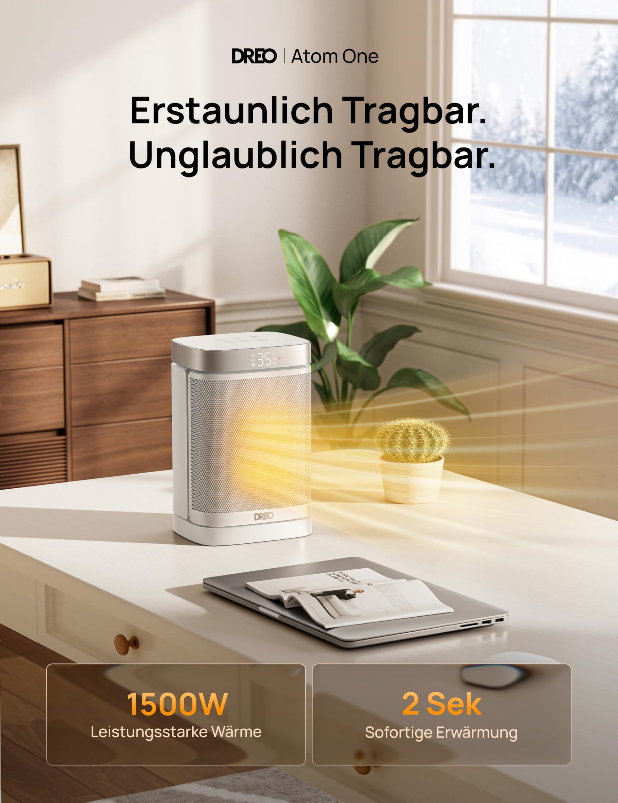 Un radiateur Dreo Atom One blanc posé sur une table émet des rayons chauds et jaunes.