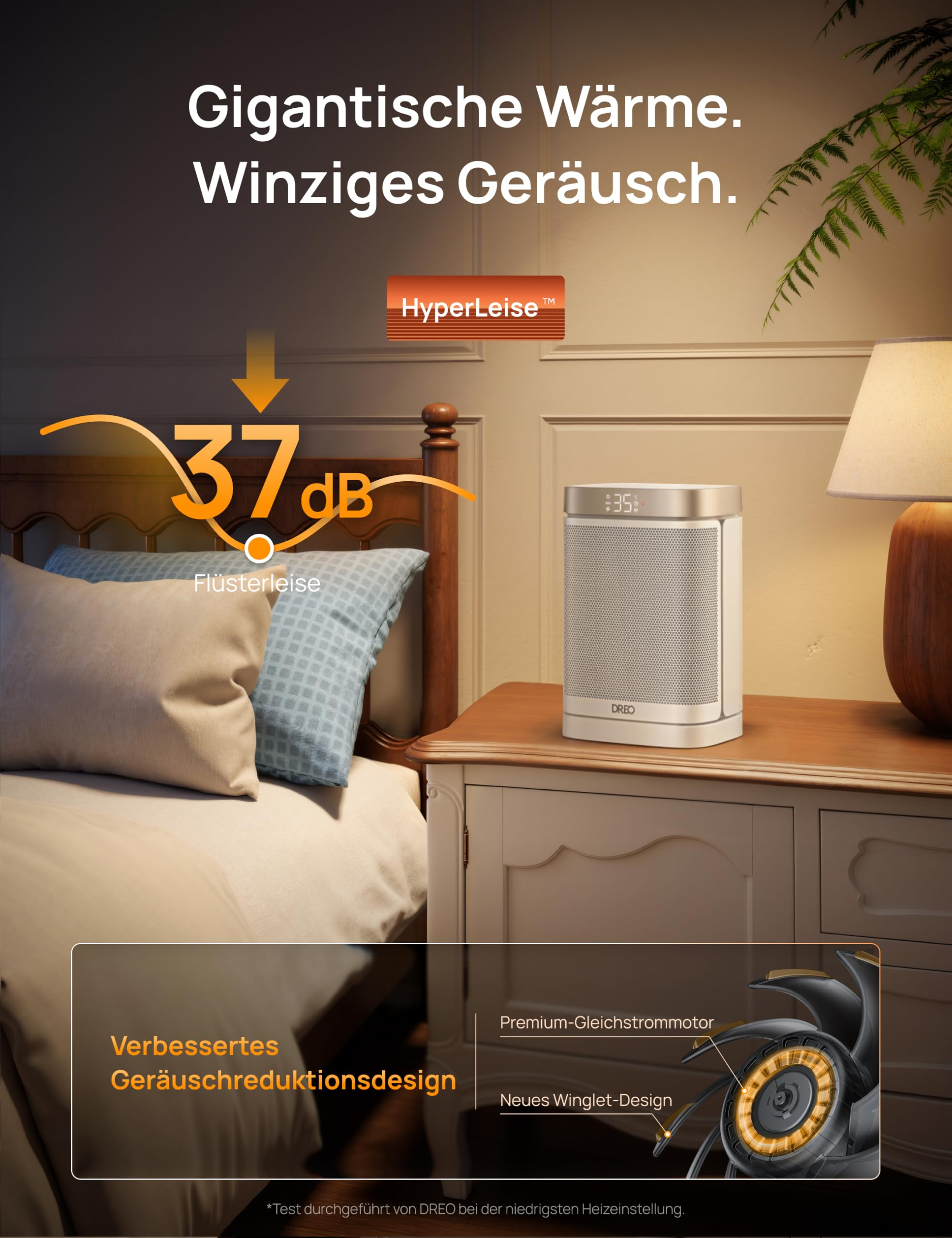 Un radiateur soufflant DREO sur une table de chevet près d'un lit avec du texte promotionnel.