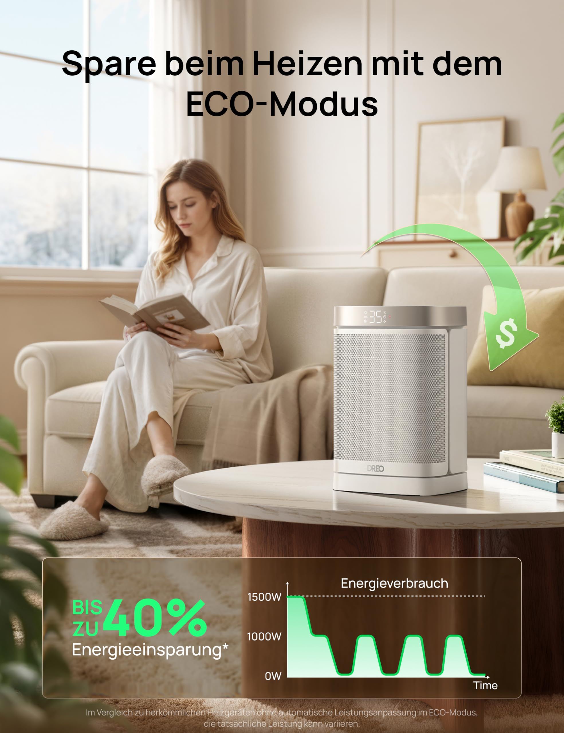 Une femme lit sur un canapé près d'un radiateur Dreo, illustrant jusqu'à 40% d'économies en mode ECO.