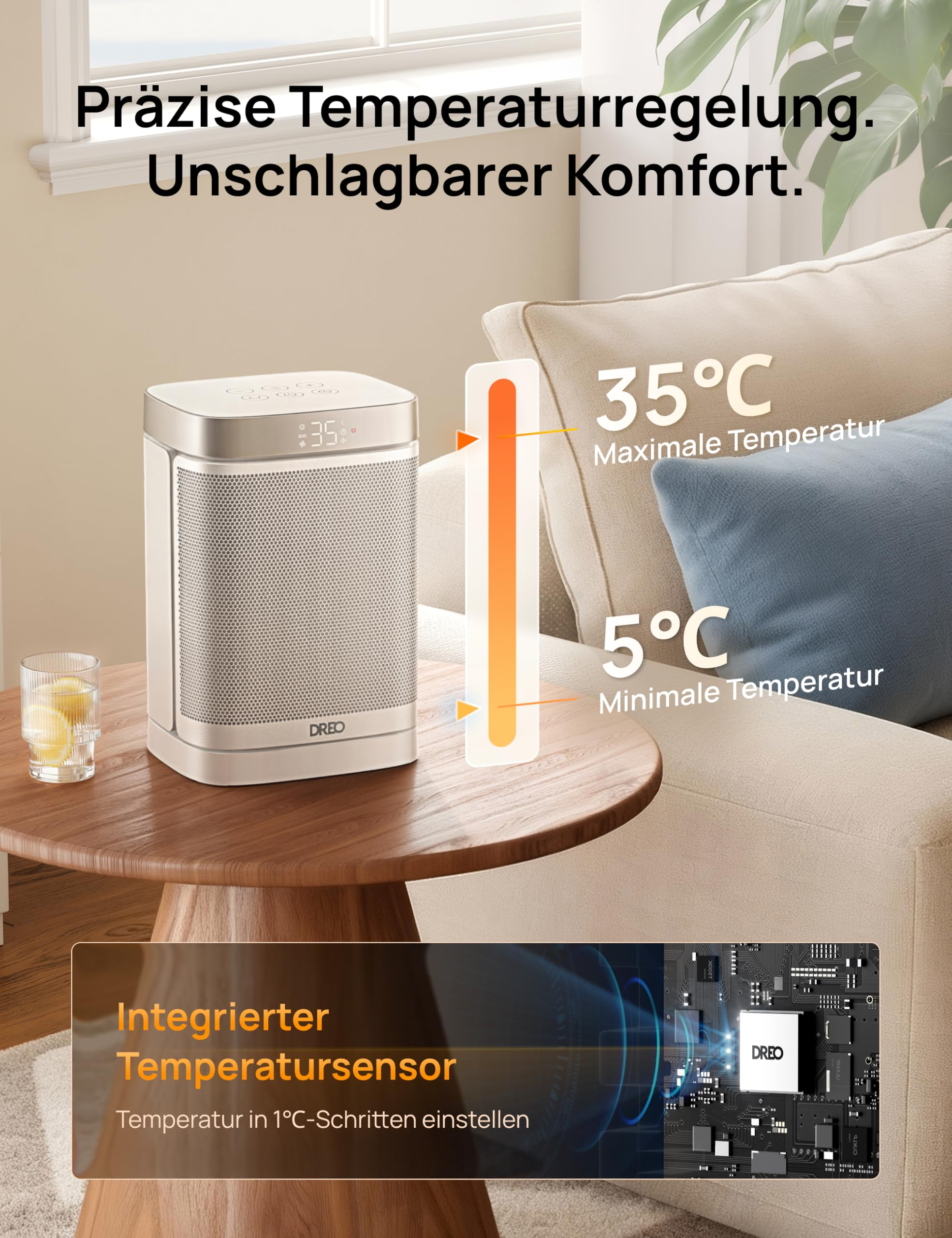 Un radiateur soufflant Dreo blanc sur une table en bois illustre le contrôle de température.