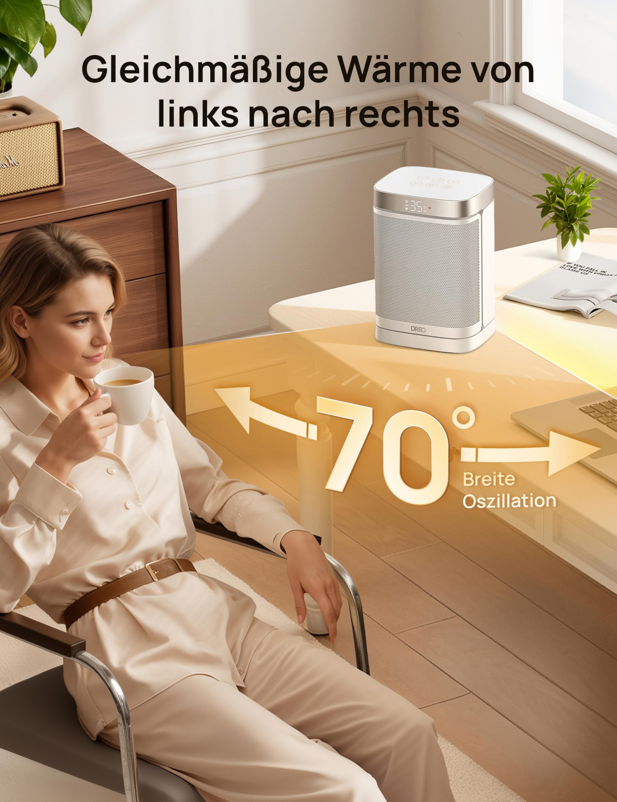 Femme dans un fauteuil avec du café pendant qu'un radiateur oscillant blanc chauffe la pièce sur 70 degrés.