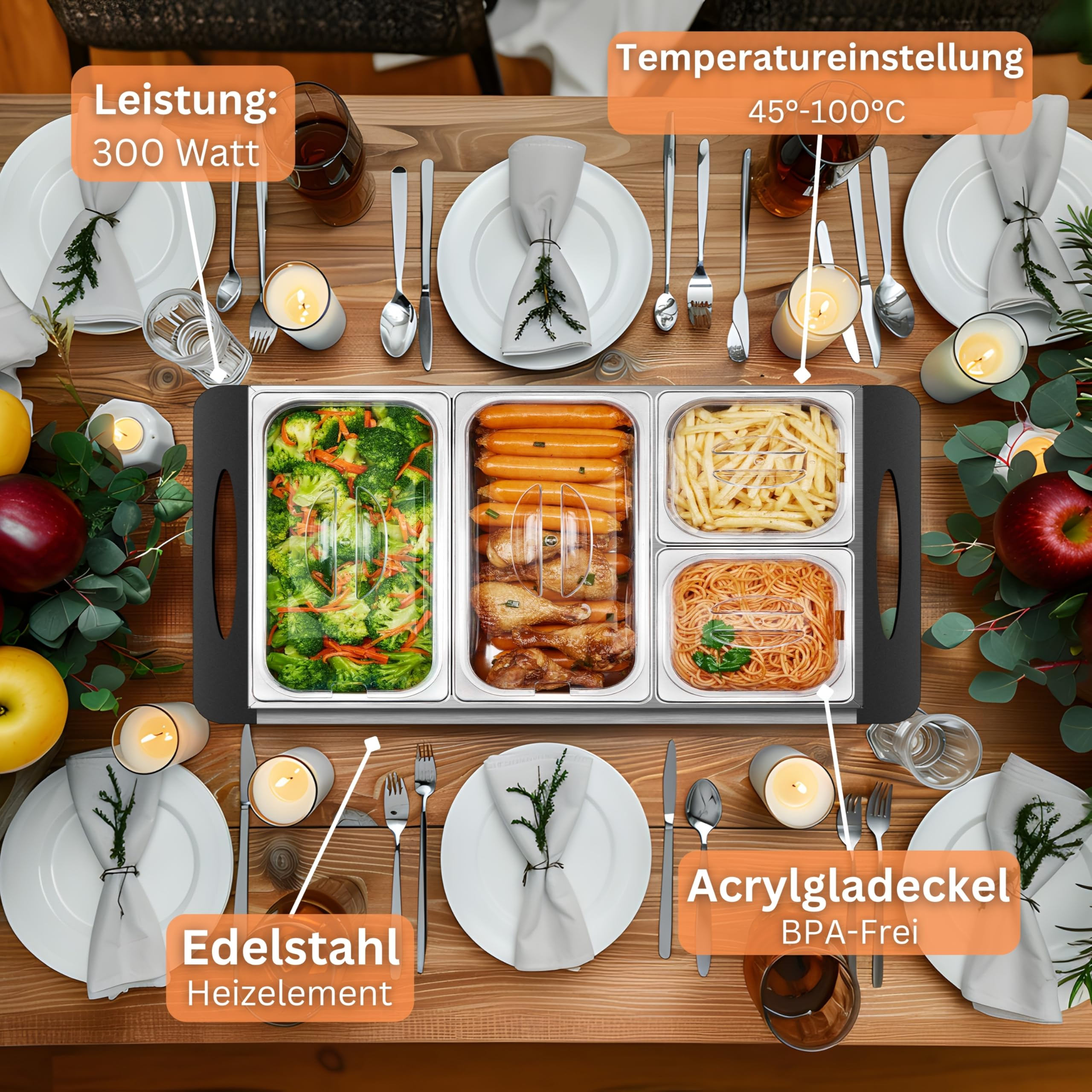 Un chauffe-plat sur une table avec des légumes, des saucisses, des frites et des spaghettis, entouré de couverts.