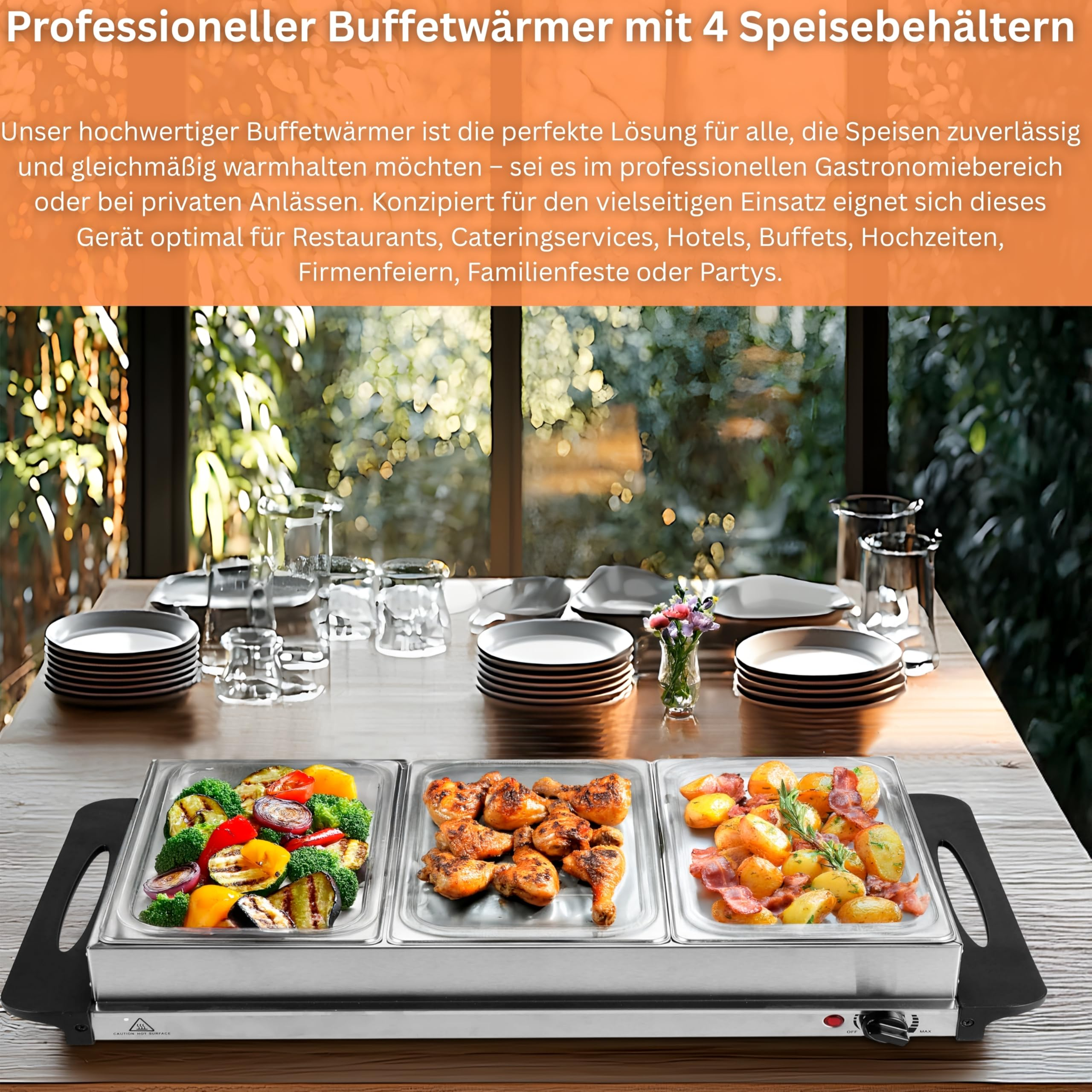 Chauffe-buffet en acier inoxydable avec trois plateaux de légumes, poulet et pommes de terre.