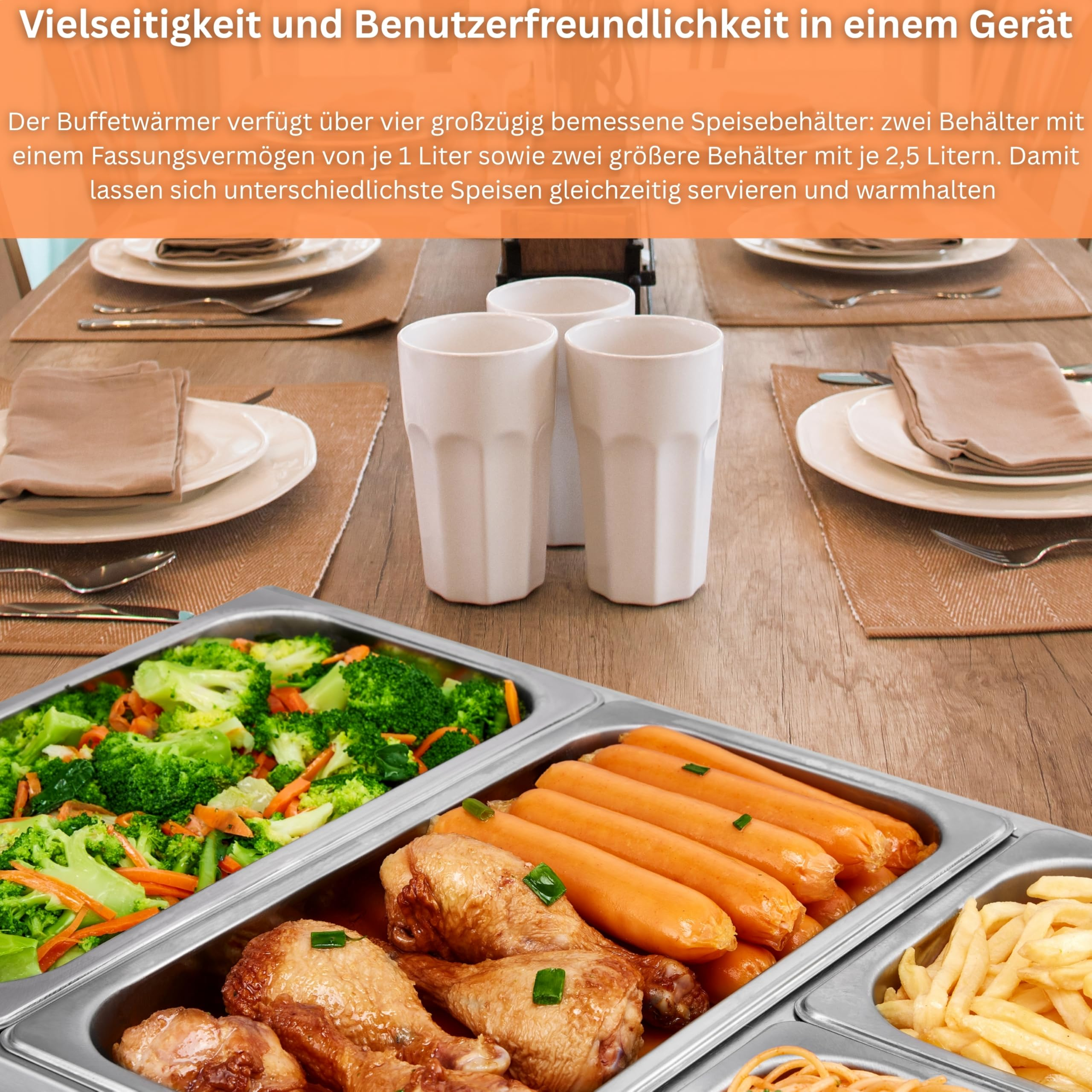 Un chauffe-buffet avec divers aliments comme du brocoli, des cuisses de poulet et des saucisses sur une table dressée.