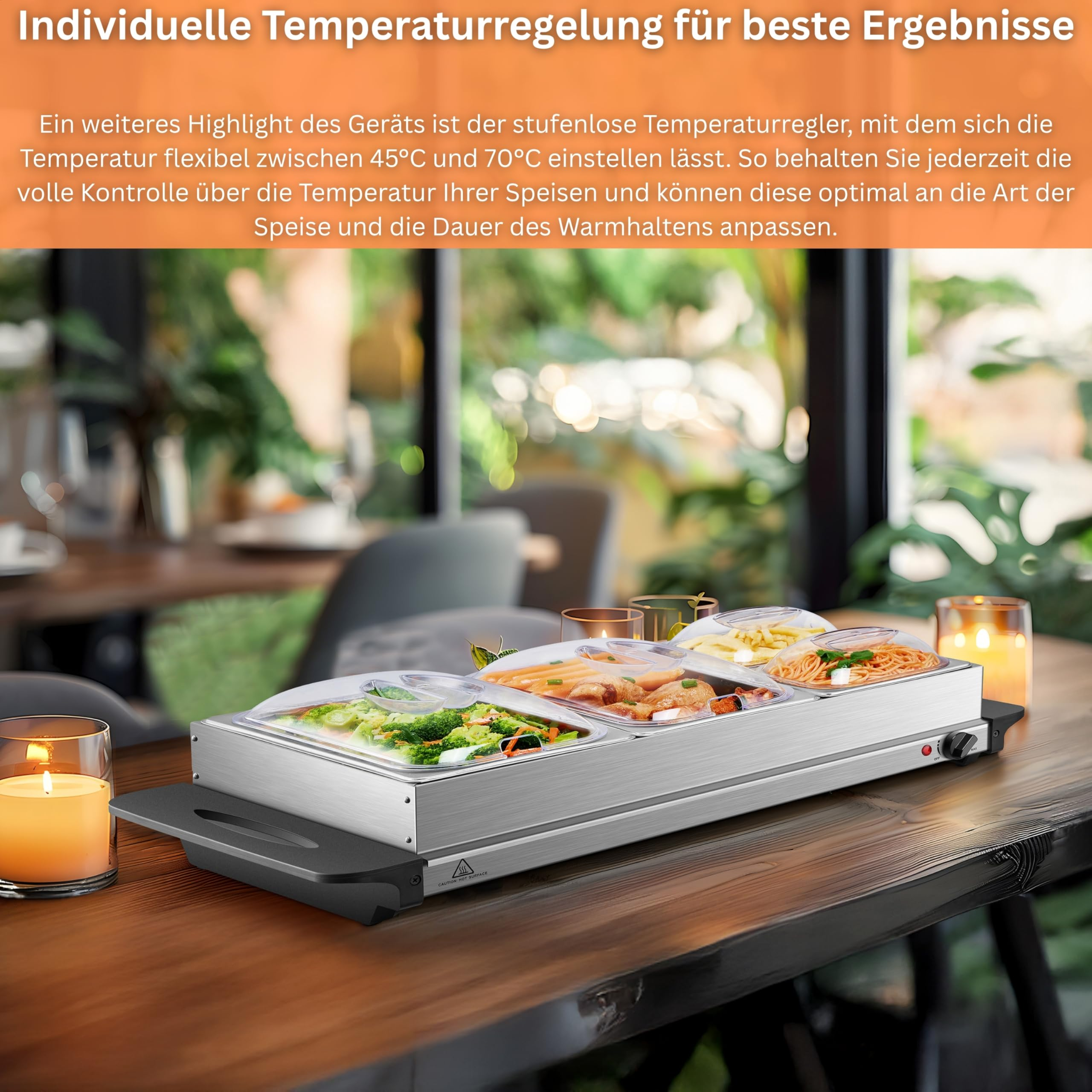 Chauffe-plat en acier inoxydable avec trois récipients et couvercles transparents sur table en bois.
