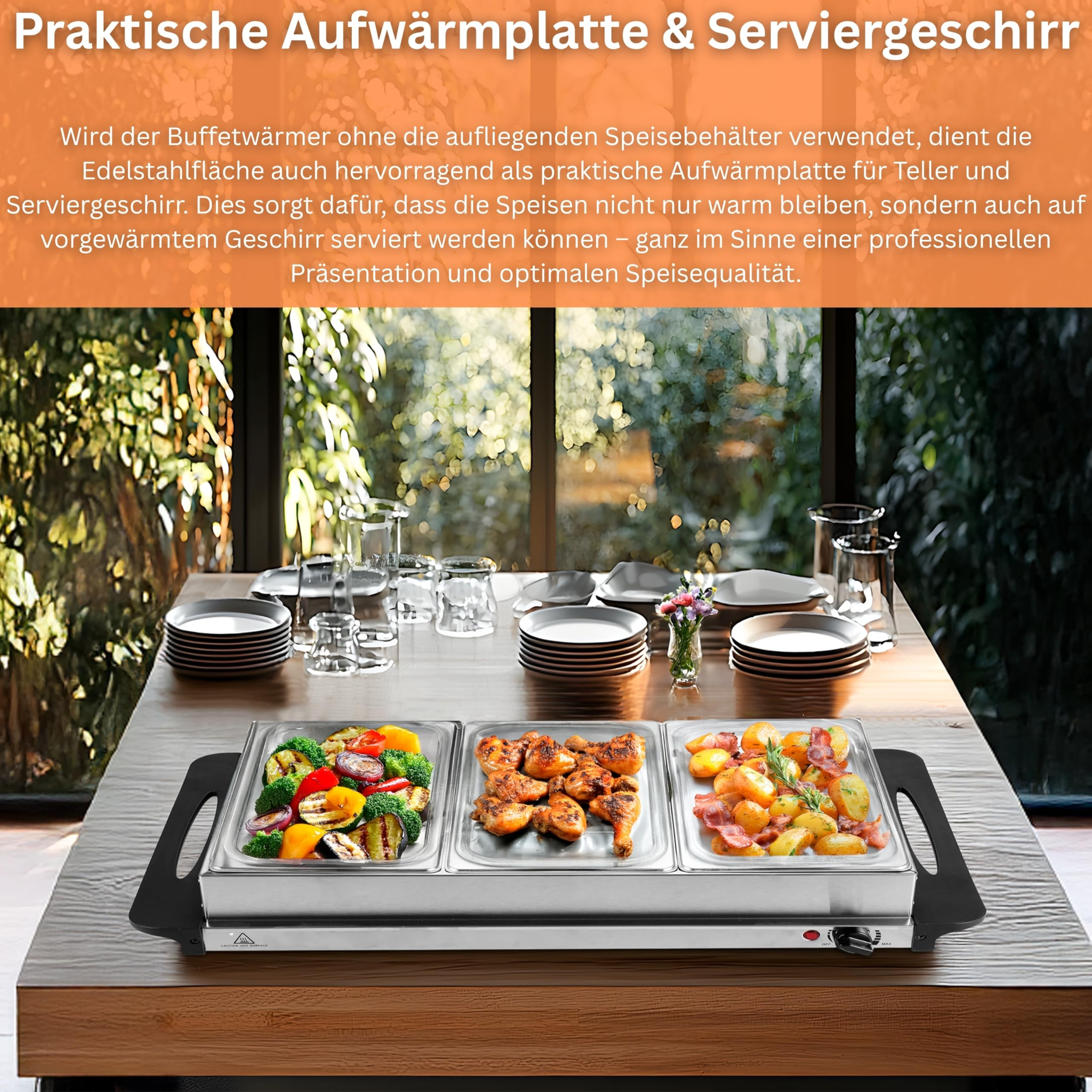 Un chauffe-buffet avec trois plats de légumes, de poulet et de pommes de terre est posé sur une table devant une fenêtre.