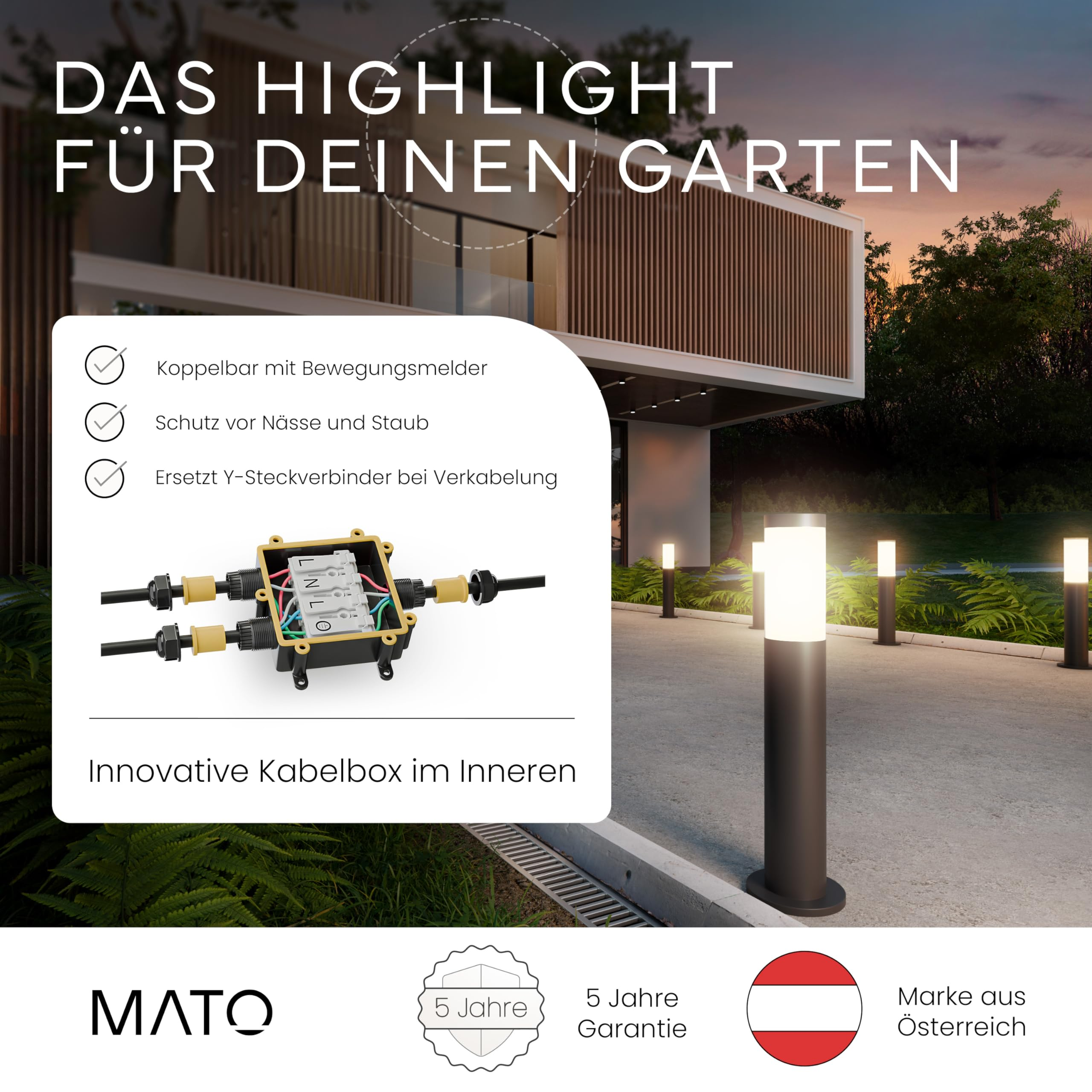 Illuminazione da giardino moderna con scatola cavi integrata e qualità del marchio austriaco.