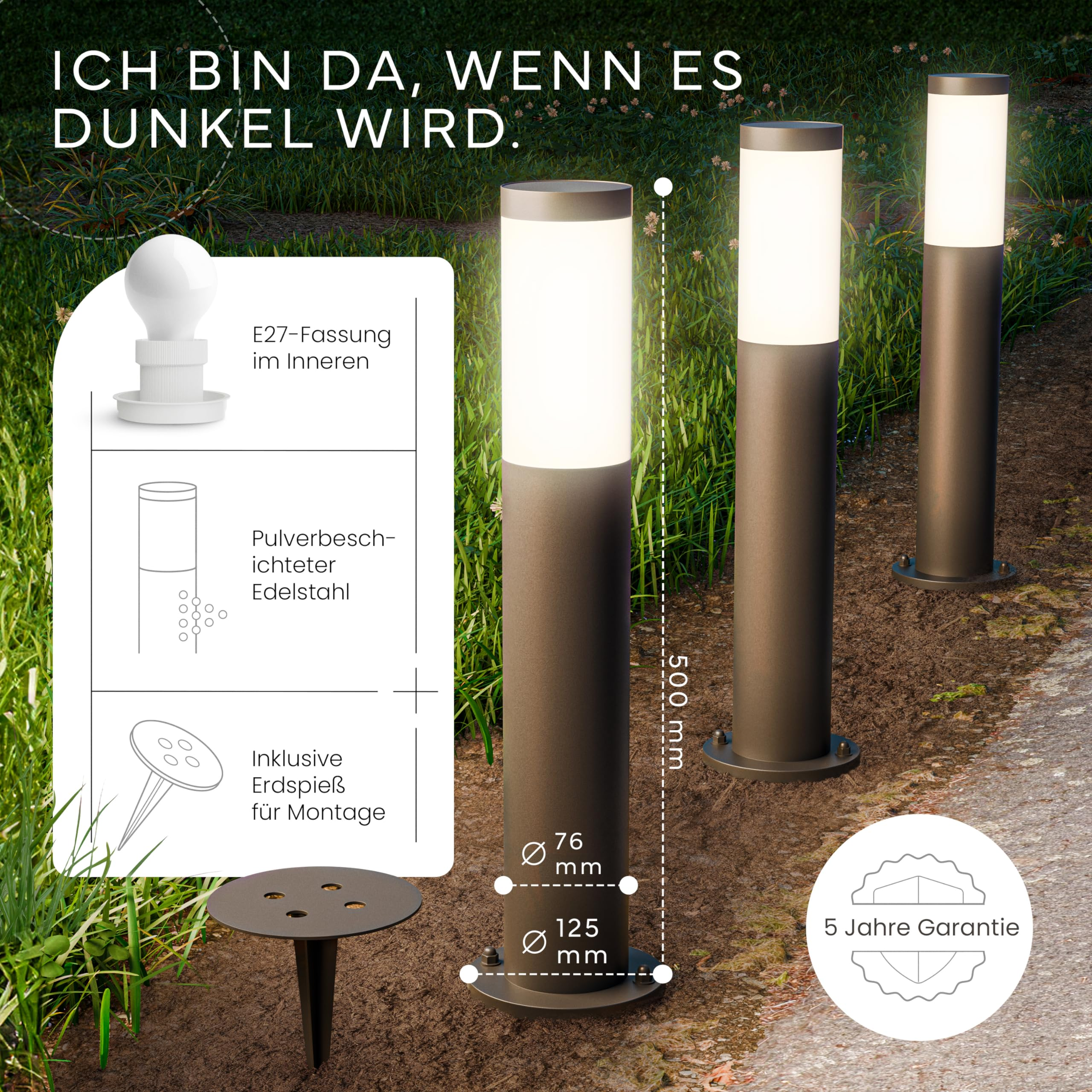 Tre moderne luci da giardino a paletto con caratteristiche e dimensioni.