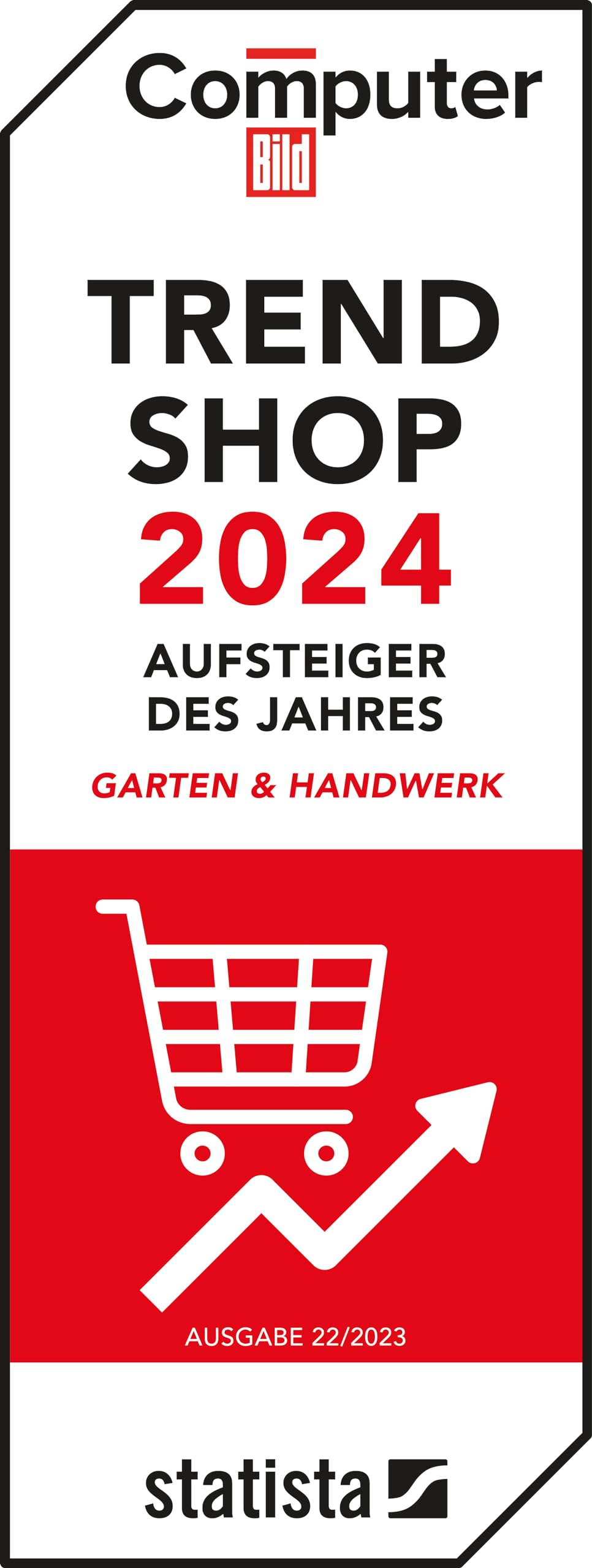 Logo du prix Computer Bild Trend Shop 2024 avec un caddie et une flèche de tendance.