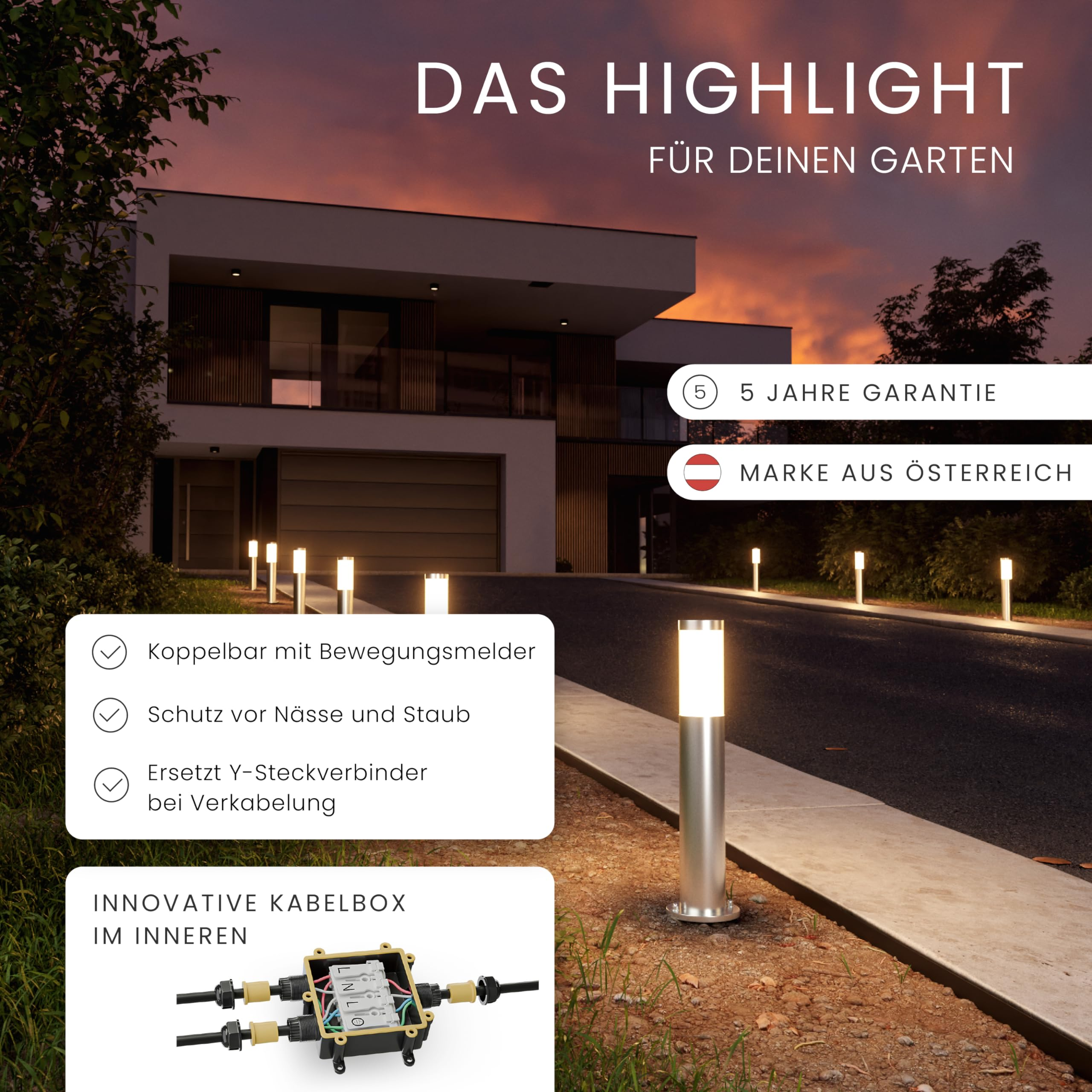 Beleuchtete Wegeleuchten vor einem modernen Haus bei Sonnenuntergang mit Infotexten.