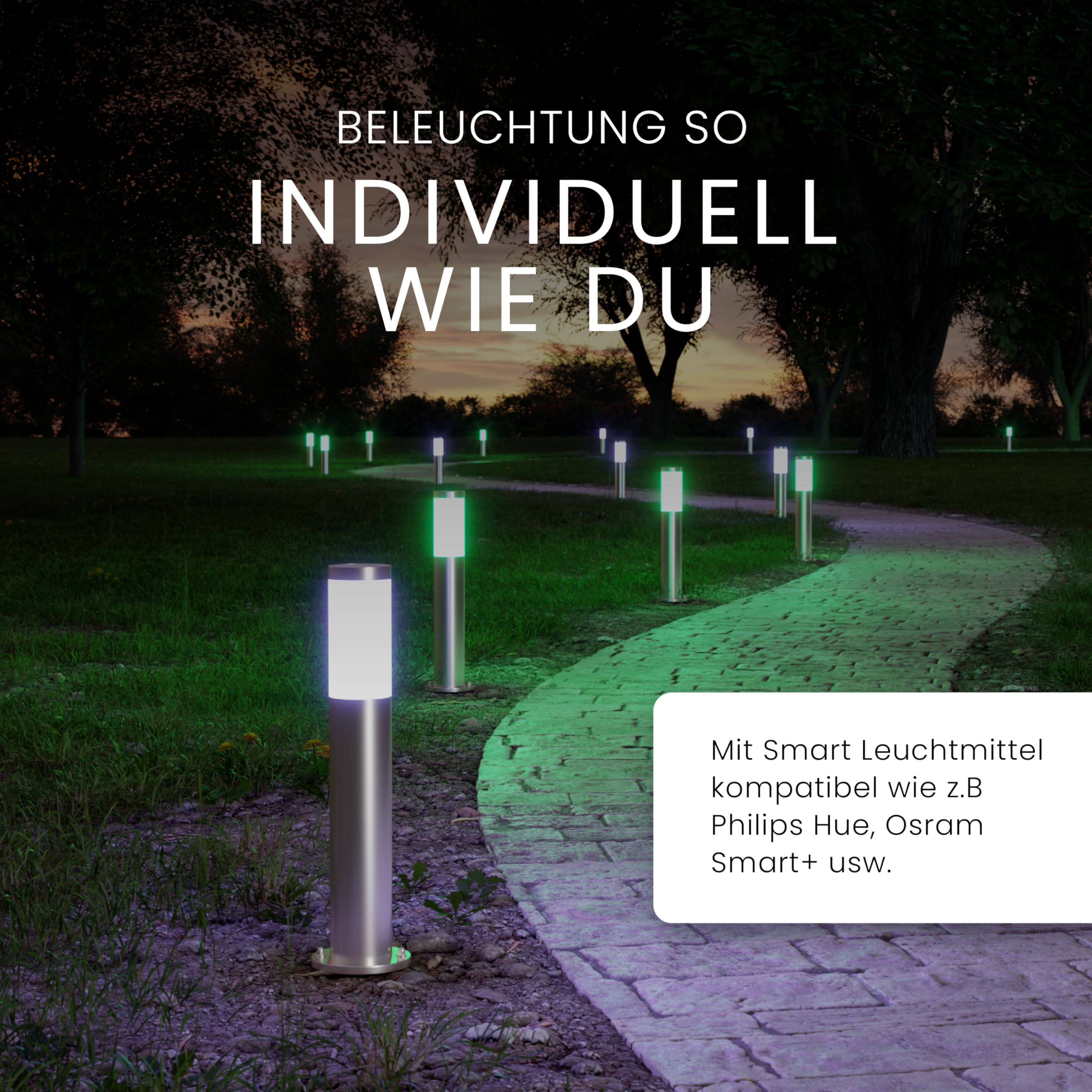 Beleuchteter Gartenweg im Dunkeln mit mehreren modernen Pollerleuchten.